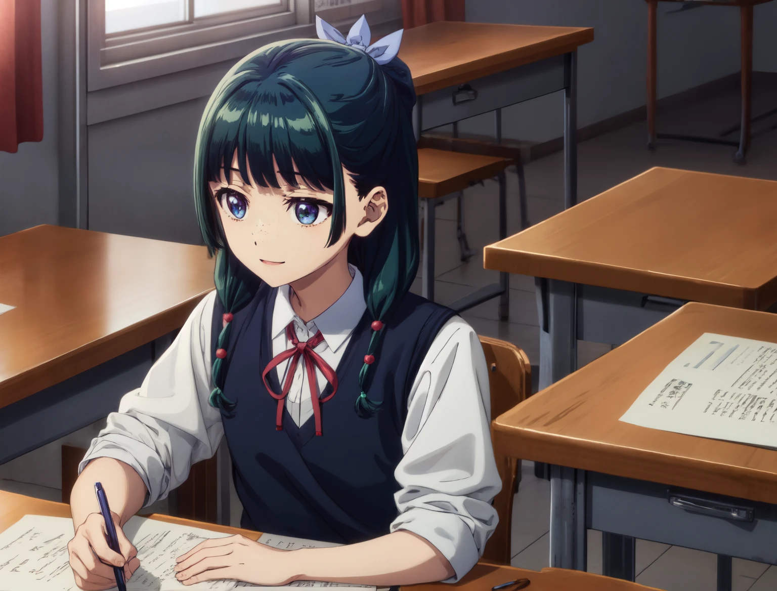 Are thin、green hairstyle,、Only one girl is in the picture、smile、solo shot、wearing a high school uniform（white shirt、red ribbon、black sweater vest、skirt）、inside the school、studying seriously at the desk