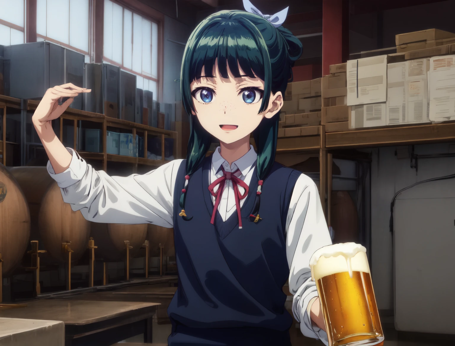 Are thin、green hairstyle,、Only one girl is in the picture、smile、solo shot、wearing a high school uniform（white shirt、red ribbon、black sweater vest、skirt）、inside the school、drinking beer