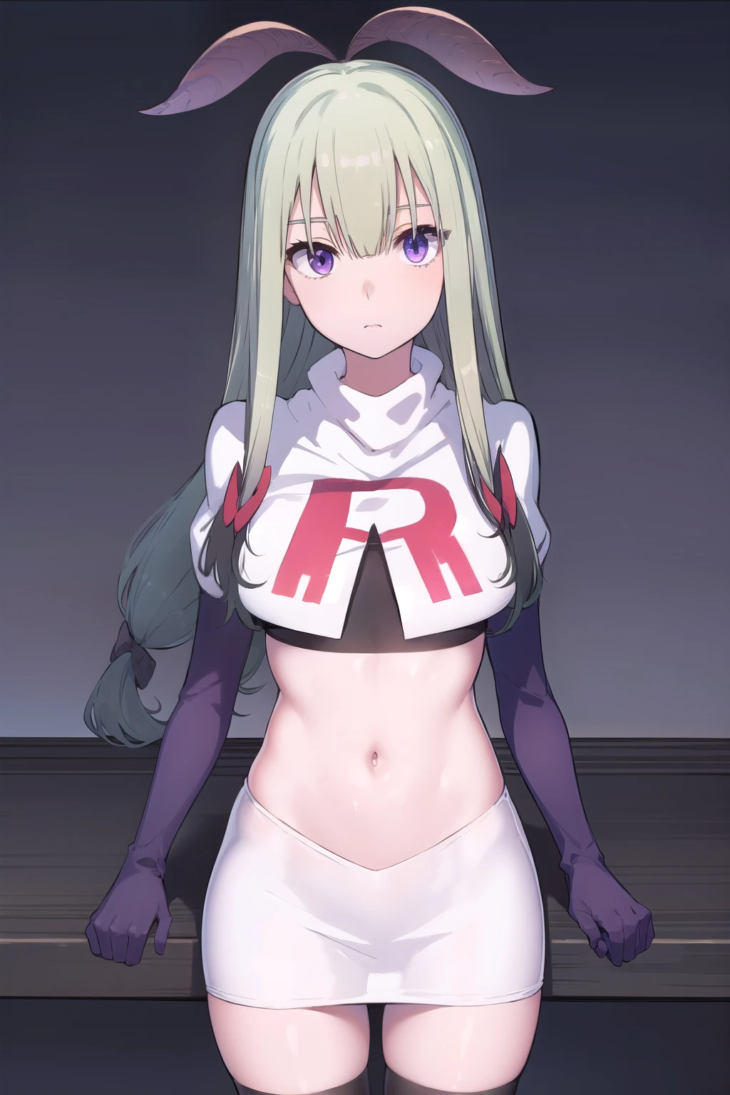 mandragora, mandragora, long hair, bangs, ahoge, green hair, (purple eyes:1.1), bow, hair bow,
BREAK team rocket,team rocket uniform, red letter R, white skirt,white crop top,black thigh-highs,black elbow gloves
BREAK looking at viewer, (cowboy shot:1.5),
BREAK (masterpiece:1.2), best quality, high resolution, unity 8k wallpaper, (illustration:0.8), (beautiful detailed eyes:1.6), extremely detailed face, perfect lighting, extremely detailed CG, (perfect hands, perfect anatomy),