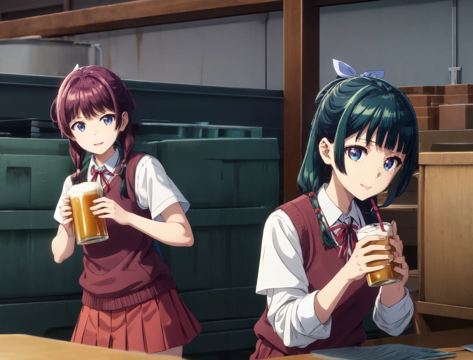 Are thin、green hairstyle,、Only one girl is in the picture、smile、solo shot、wearing a high school uniform(white shirt、red ribbon、black sweater vest、skirt)、inside the school、drinking beer