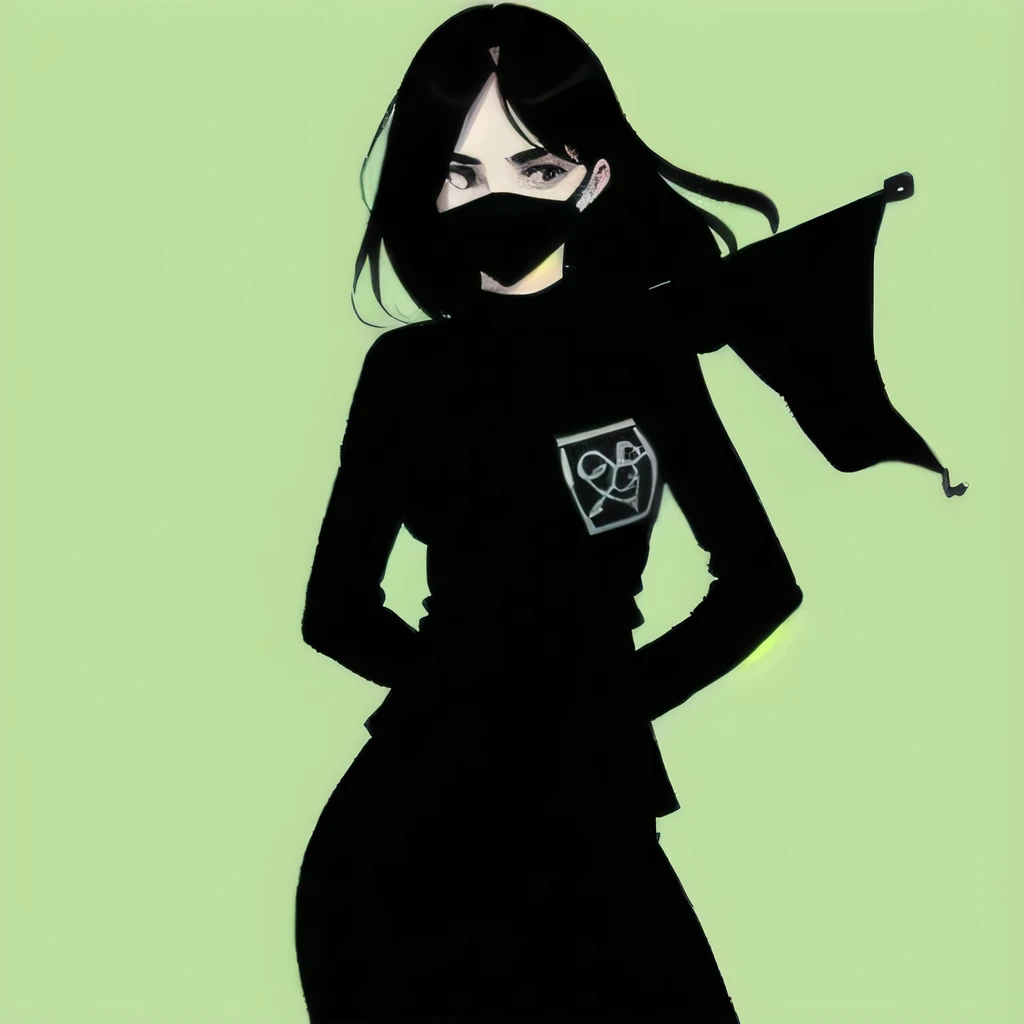 Young woman spreading anarchist black flag on green background