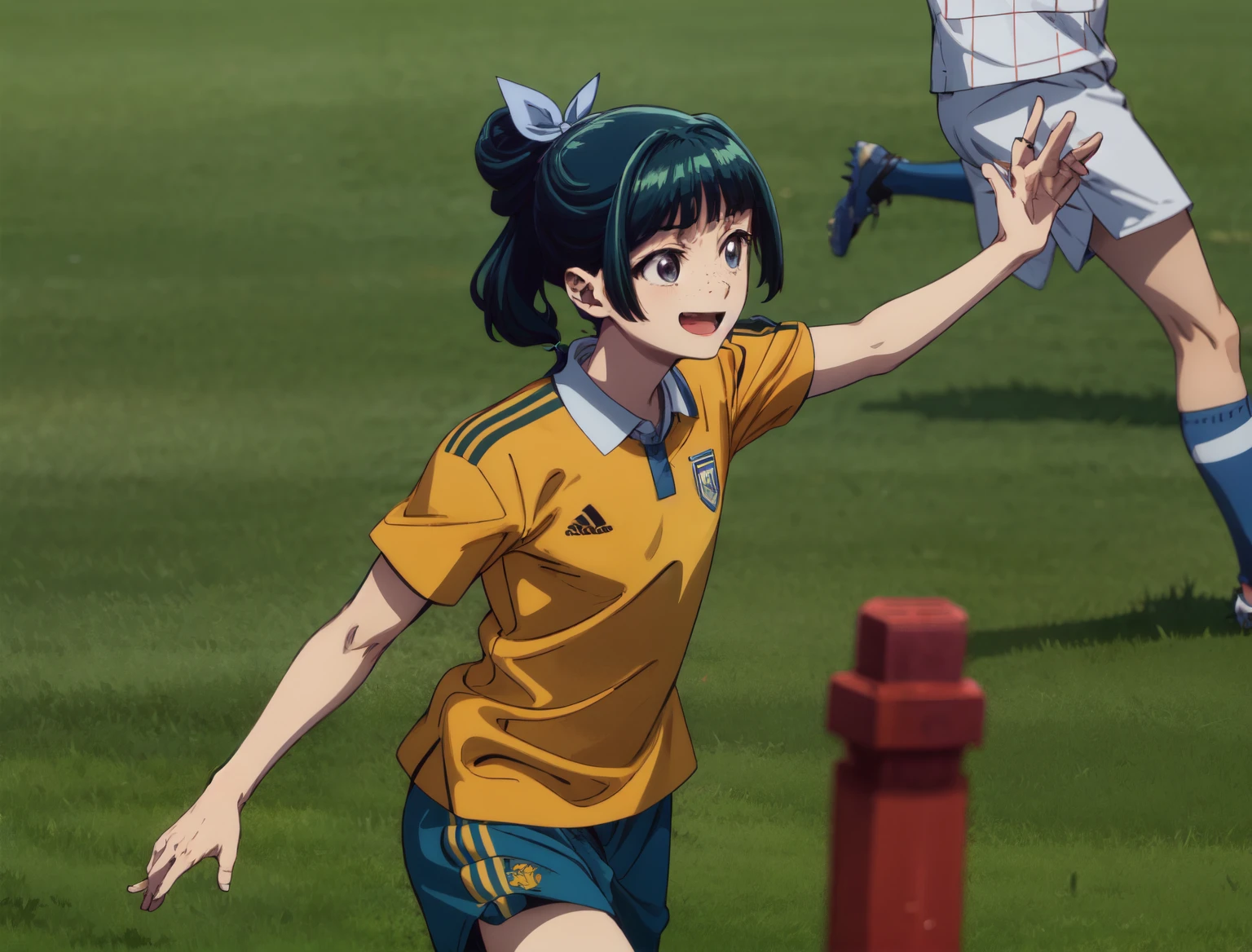 Are thin、green hairstyle,、Only one girl is in the picture、smile、solo shot、wearing a soccer uniform、playing soccer