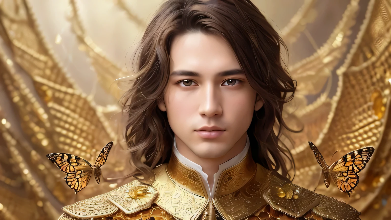 8k portrait of man with brown hair, intricate, elegant, highly detailed, majestic, digital photography, art by artgerm and ruan jia and greg rutkowski surreal painting gold butterfly filigree, broken glass, (masterpiece, sidelighting, finely detailed beautiful eyes: 1.2), hdr, (gold honeycomb:1.2) , (outfit honeycomb texture skin:1.2)