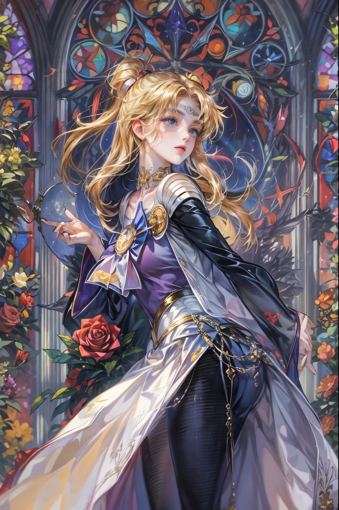 ((Best quality)), ((masterpiece)), (detailed), ((perfect face)), ((halfbody)) ((Sailor Moon Villain: The Witches 5)) solo picture close-up , cathedral background with a big stained glass window holding a black rose