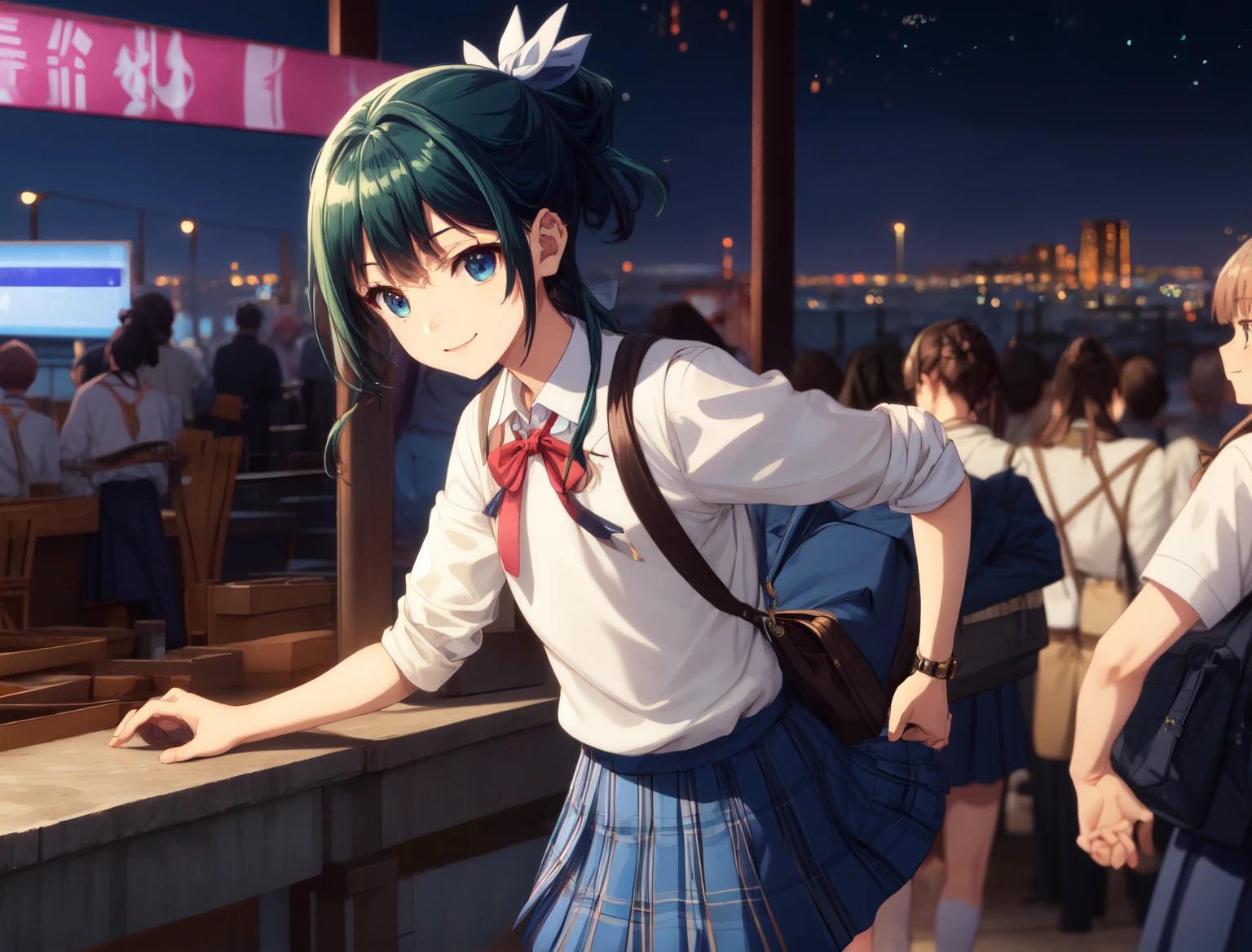 Are thin、green hairstyle,、Only one girl is in the picture、smile、solo shot、wearing a high school uniform（white shirt、red ribbon、black sweater vest、skirt）,Late night background