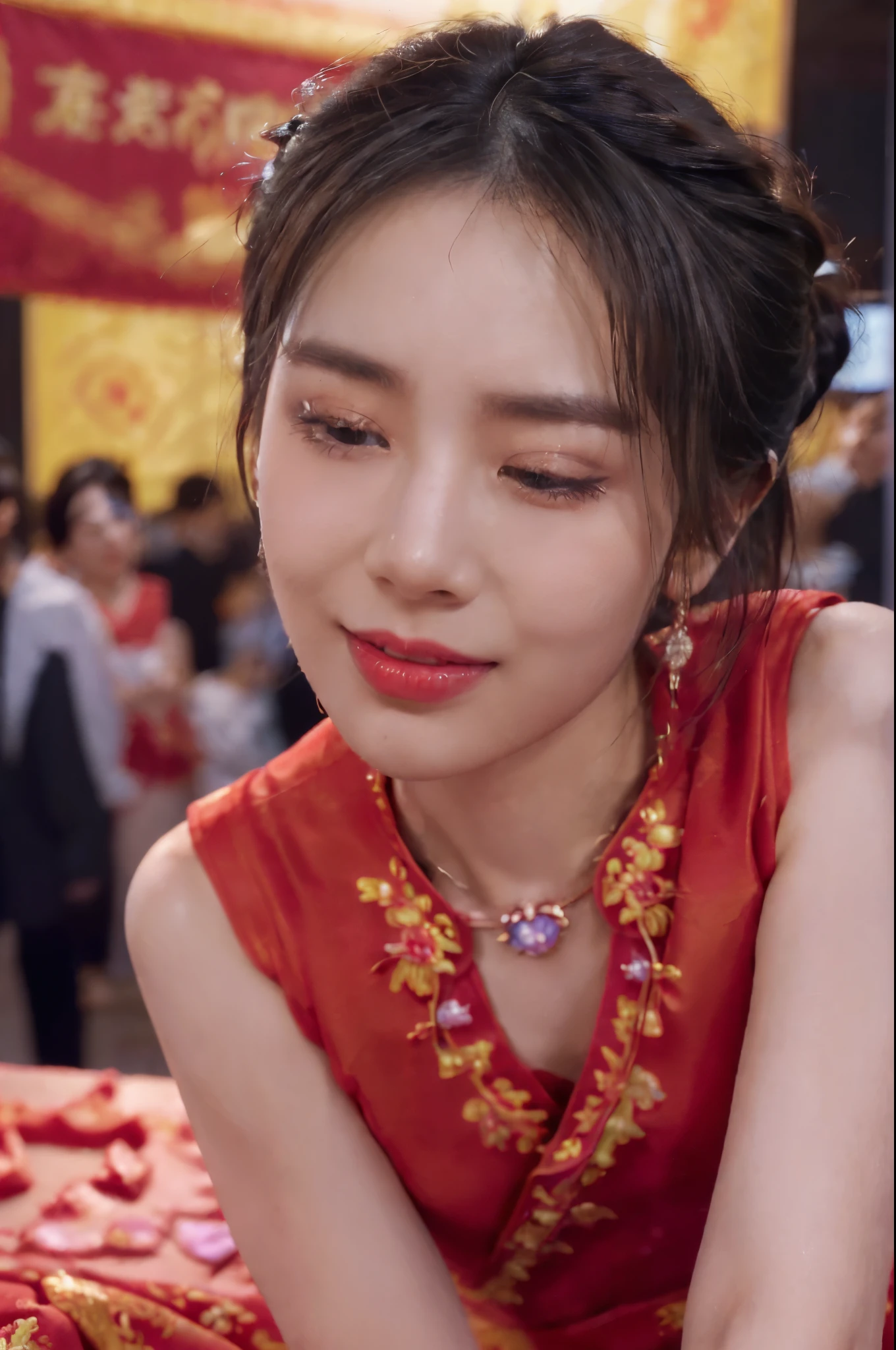 ((((8k))),((Extremely meticulous CG)) ,(wallpaper),16k,((Extremely refined and beautiful)),(((Masterpiece))),(((best qualtiy))),(((Ultra High Resolution))),beautiful light up,Perfect lightning,realistic shaded,(high resolution),(pale skin:1.3),Extremely exquisite facial details,(perfect body:1.1),(ultra-detailed),(an old woman,solo),((50 years old)),(mature:1.2),(small head:1.2),(short pony tail:1.2),(small face:1.2),(wrinkles in face:1.5),(Exquisite makeup:1.2),(happy:1.2),(Smile:1.2),(close eyes:1.6),(open mouth:1.5),(female orgasmic:1.3),(blush:1.3),(ahegao:1.3),(small breasts:1.2),(flat chest:1.2),(Crystal Necklace:1.2),(earrings:1.2),(Gorgeous Exquisitely embroidered red cheongsam:1.5),(night scene:1.5),(In a spacious and magnificent hall:1.2),(Extremely luxurious decoration:1.3),(detailed background:1.5),(standing:1.2),(arms behind back:1.3),(close-up of face:1.3),(from front:1.3),(Surrounded by crowded crowds:1.5),(neon lights:1.3),