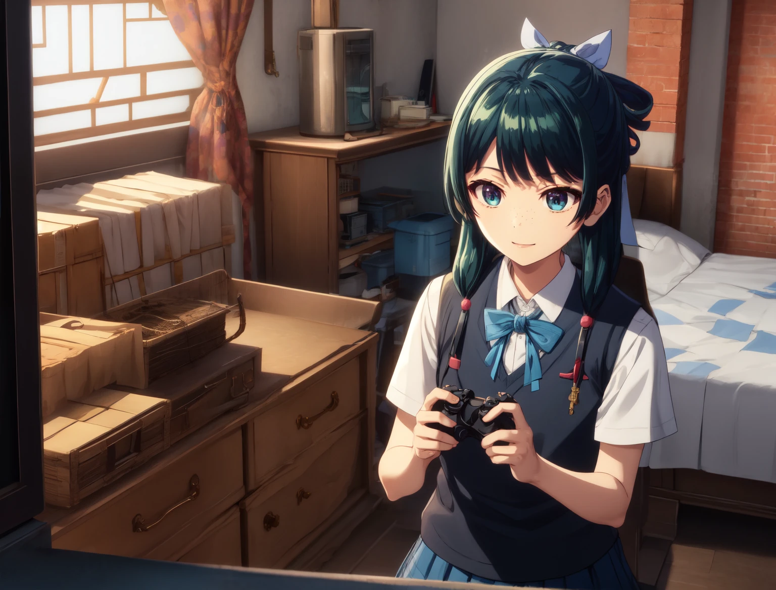 Are thin、green hairstyle,、Only one girl is in the picture、smile、solo shot、wearing a high school uniform（white shirt、red ribbon、black sweater vest、skirt）,inside the house、playing video games