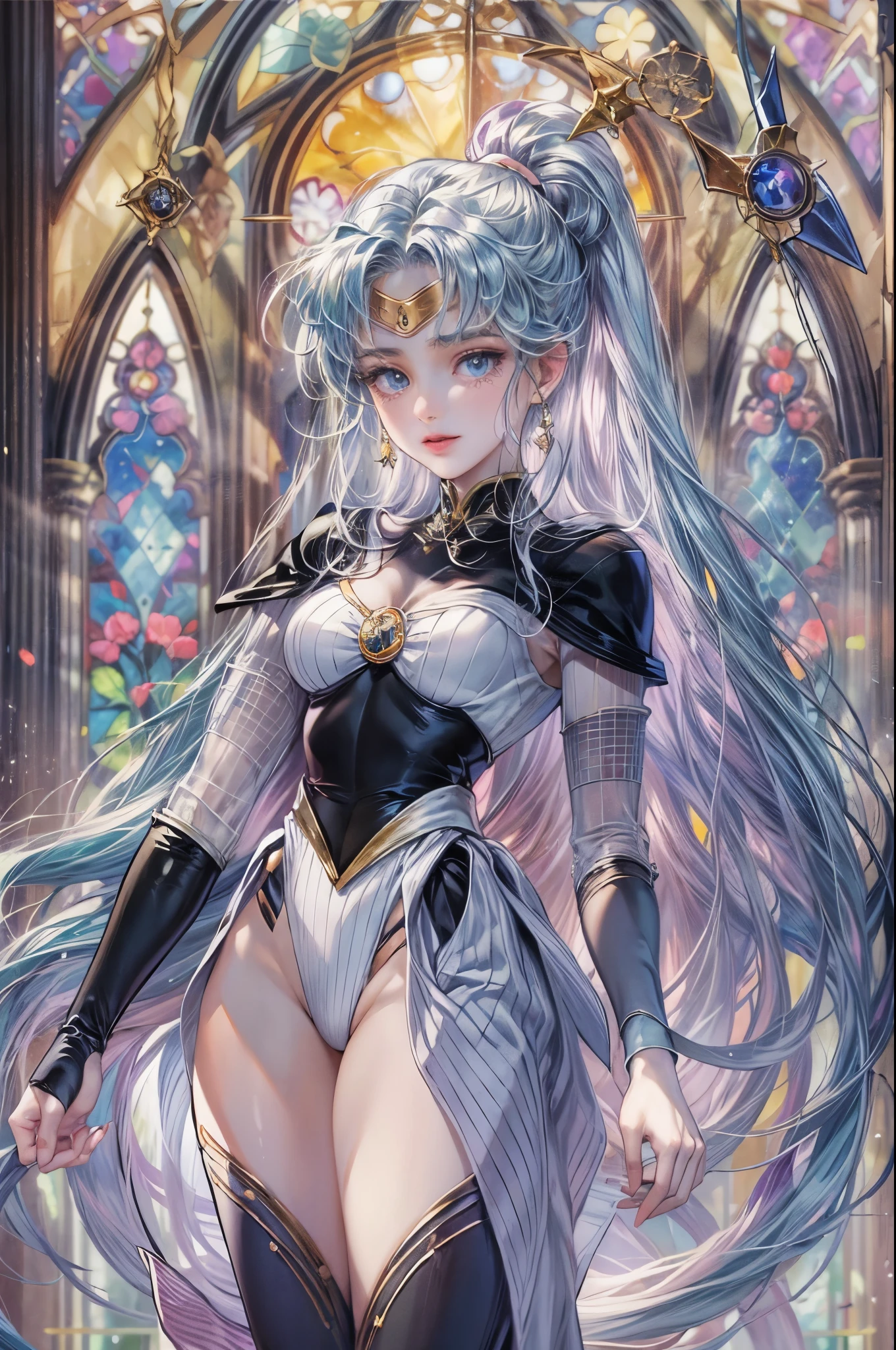 ((Best quality)), ((masterpiece)), (detailed), ((perfect face)), ((halfbody)) ((Sailor Moon Villain: The Witches 5)) solo picture close-up , cathedral background with a big stained glass window holding a black rose