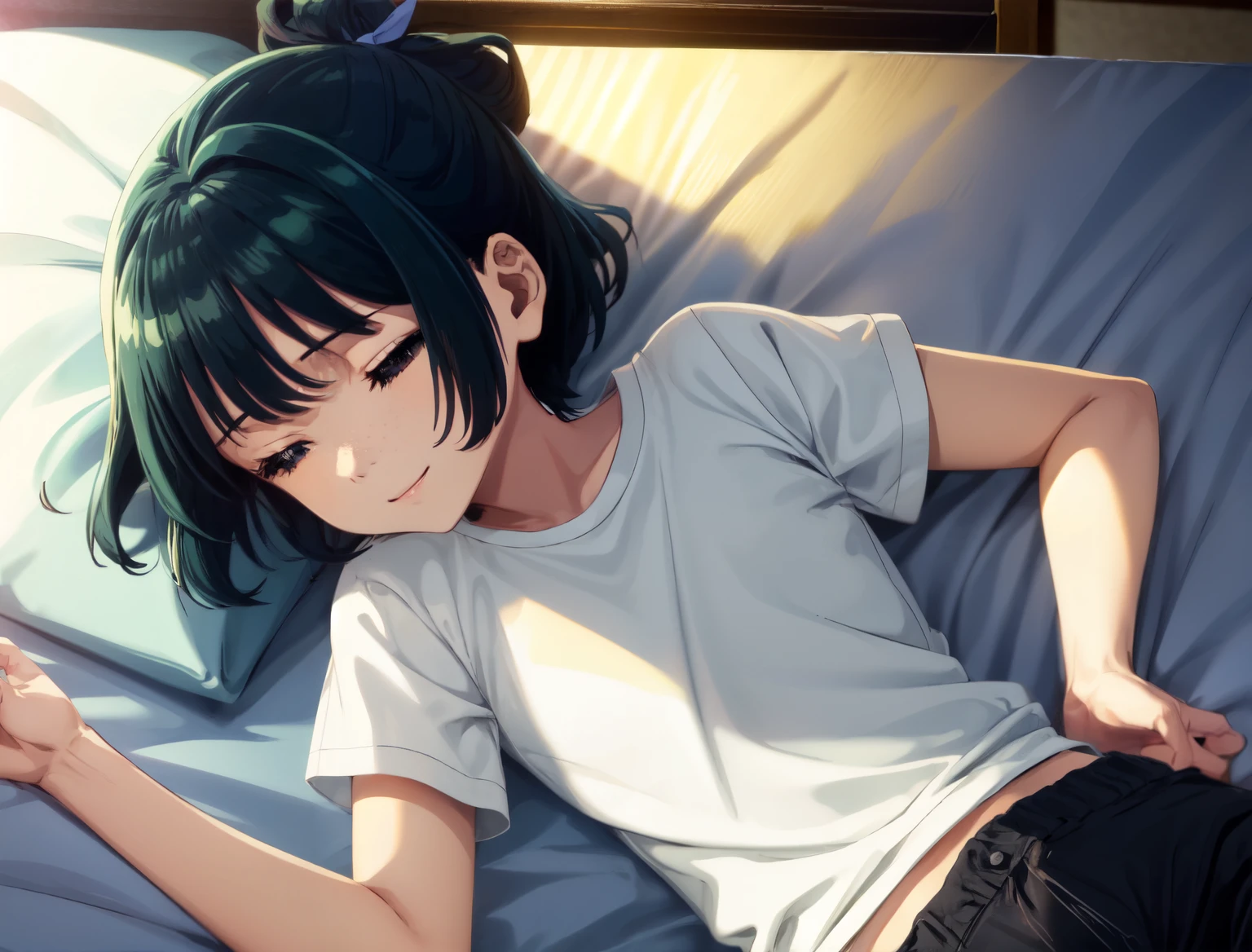 Are thin、green hairstyle,、Only one girl is in the picture、smile、solo shot,white t-shirt、black shorts、Are sleeping、on the bed、late night、dark、indirect lighting