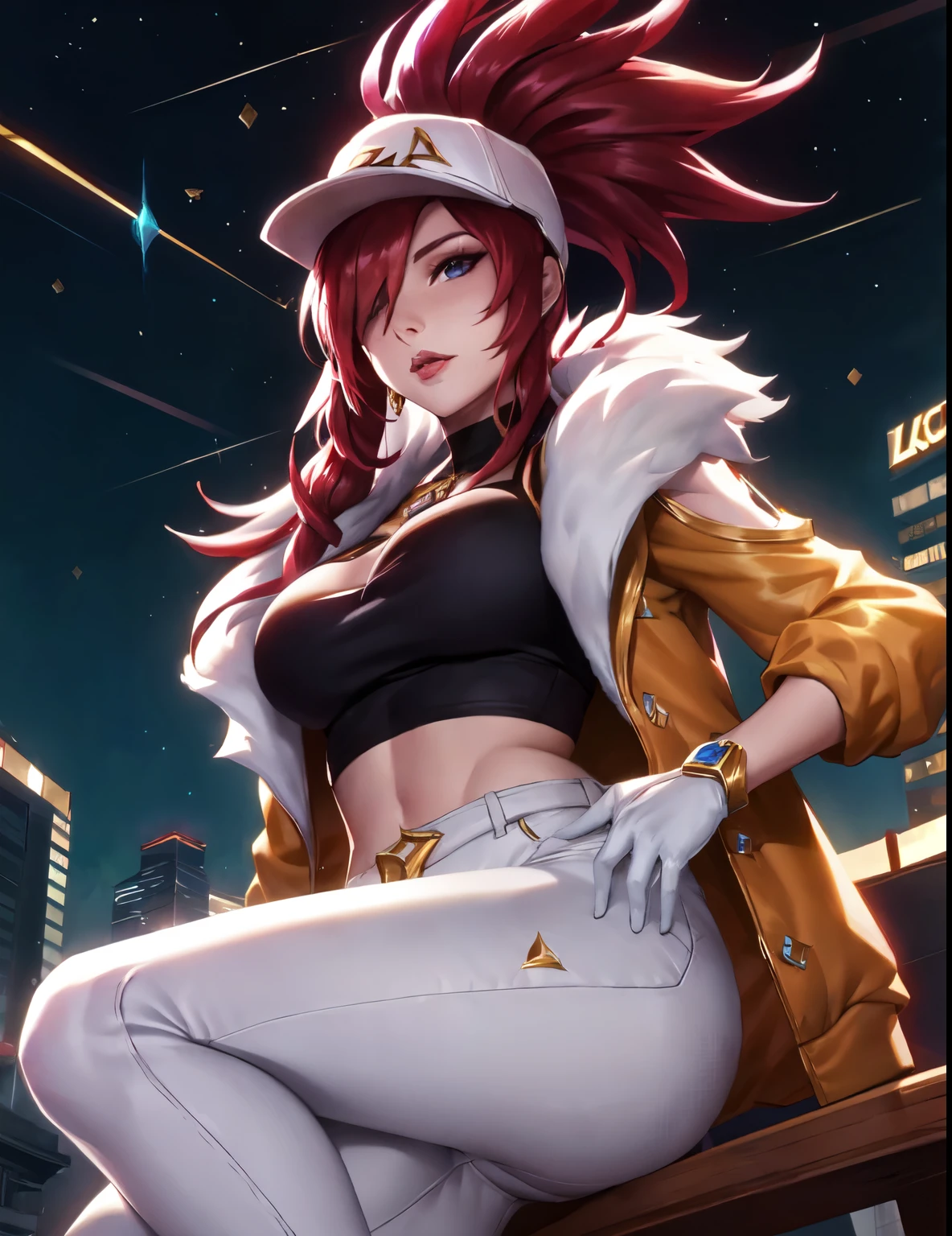 Akali kda prestige, 1girl, solo, long hair, breasts, looking at viewer, jewelry, medium breasts, red hair, necklace, hair over one eye, lips, makeup, white headwear, upper body, epic light, crop top, fur trim, jacket, concert hall, sitting, white gloves, white pants, tight pants, k/da (league of legends)