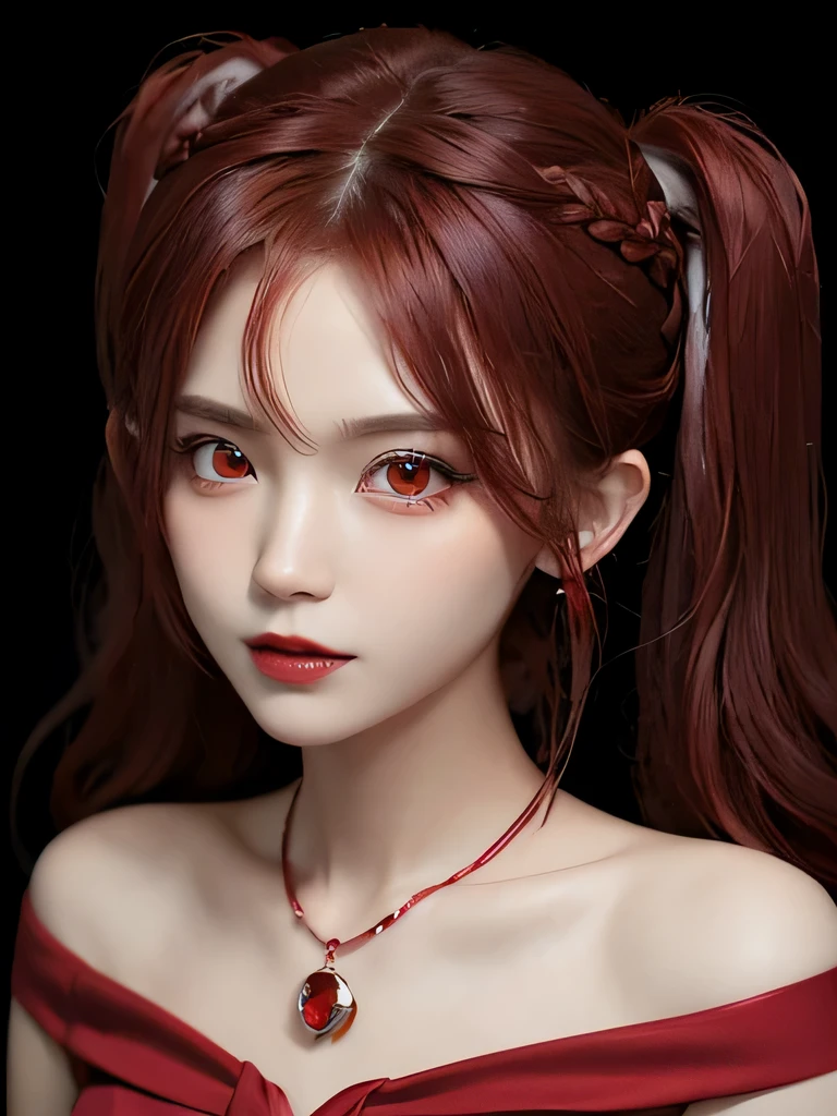 (in the dark:1.6), 1 girl, in the dark, deep shadow, secret key,cowboy shot,(formal wear:1.4) ,long wavy hair,redhead,clavicle、flame background、redhead、red background、red spirit clothes、earrings、necklace、red tattoo、red eyes、she is a spirit、close up of face、red eyes、close up of face、red eyes、look up、red fairy costume、red headband、red eyes、Braid、bright red lipstick、Fire Devil、red eyes、redhead、red eyes、赤いflame background、bright red eyes、twin tails、Small fangs、
