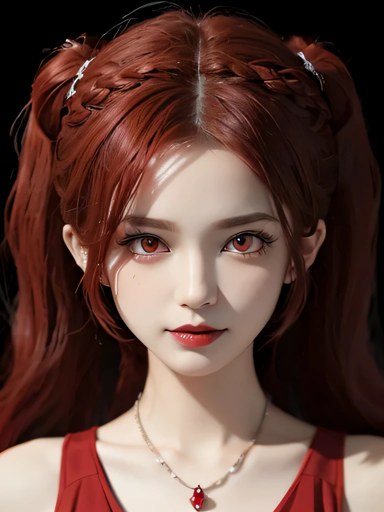 (in the dark:1.6), 1 girl, in the dark, deep shadow, secret key,cowboy shot,(formal wear:1.4) ,long wavy hair,redhead,clavicle、flame background、redhead、red background、red spirit clothes、earrings、necklace、red tattoo、red eyes、she is a spirit、close up of face、red eyes、close up of face、red eyes、look up、red fairy costume、red headband、red eyes、Braid、bright red lipstick、Fire Devil、red eyes、redhead、red eyes、赤いflame background、bright red eyes、twin tails、Small fangs、
