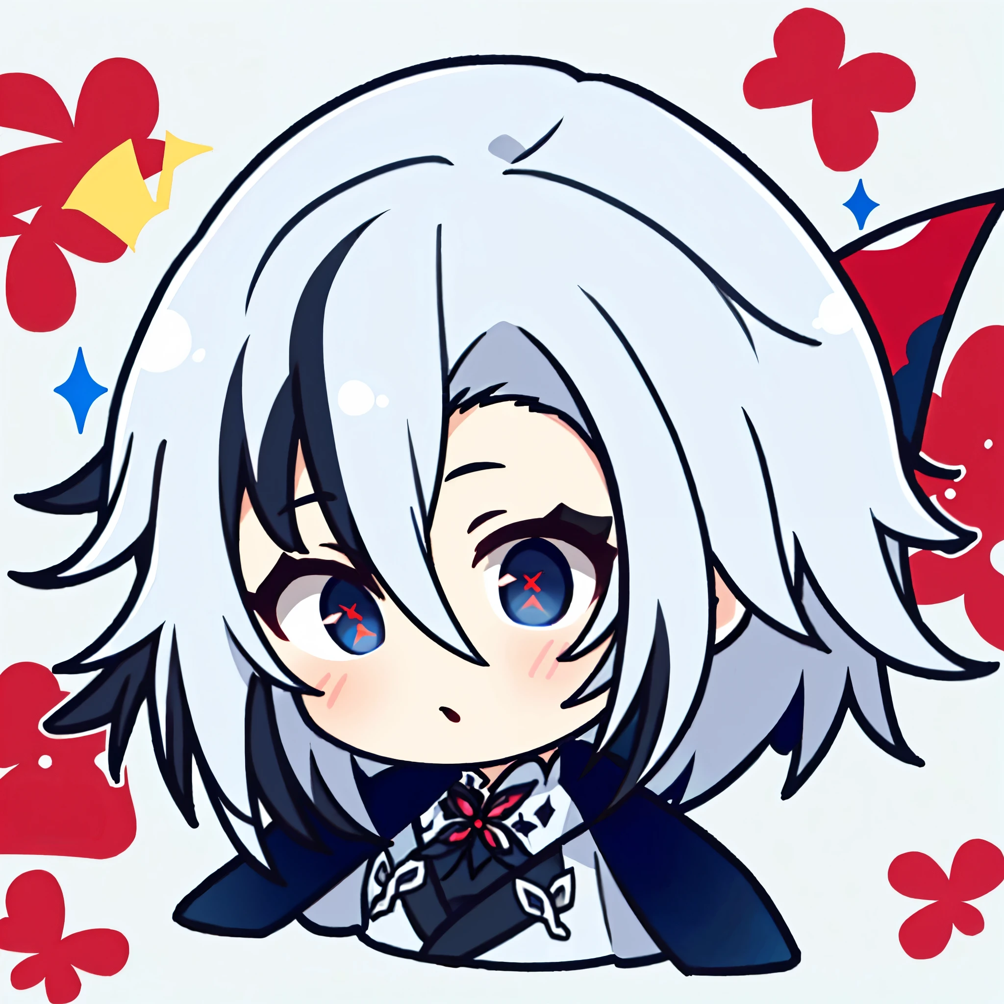 1girl,Arlecchino,(chibi:1.2),jitome, white short hair, blue eyes with red x-shaped pupils, wearing white suit,red cheeks, puffy cheeks,face focus:1.7