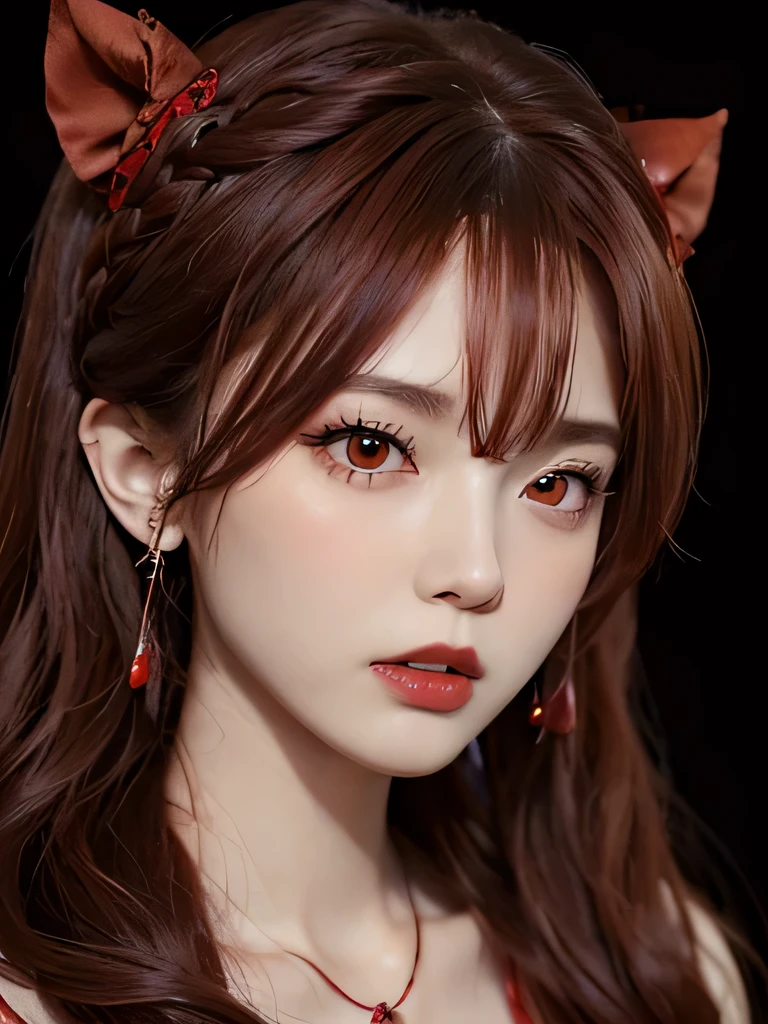 (in the dark:1.6), 1 girl, in the dark, deep shadow, secret key,cowboy shot,(formal wear:1.4) ,long wavy hair,redhead,clavicle、flame background、redhead、red background、red spirit clothes、earrings、necklace、red tattoo、red eyes、she is a spirit、close up of face、red eyes、close up of face、red eyes、look up、red fairy costume、red headband、red eyes、Braid、bright red lipstick、Fire Devil、red eyes、redhead、red eyes、赤いflame background、bright red eyes、twin tails、Small fangs、