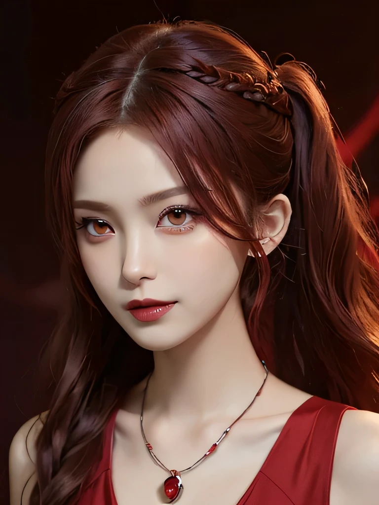 (in the dark:1.6), 1 girl, in the dark, deep shadow, secret key,cowboy shot,(formal wear:1.4) ,long wavy hair,redhead,clavicle、flame background、redhead、red background、red spirit clothes、earrings、necklace、red tattoo、red eyes、she is a spirit、close up of face、red eyes、close up of face、red eyes、look up、red fairy costume、red headband、red eyes、Braid、bright red lipstick、Fire Devil、red eyes、redhead、red eyes、赤いflame background、bright red eyes、twin tails、Small fangs、