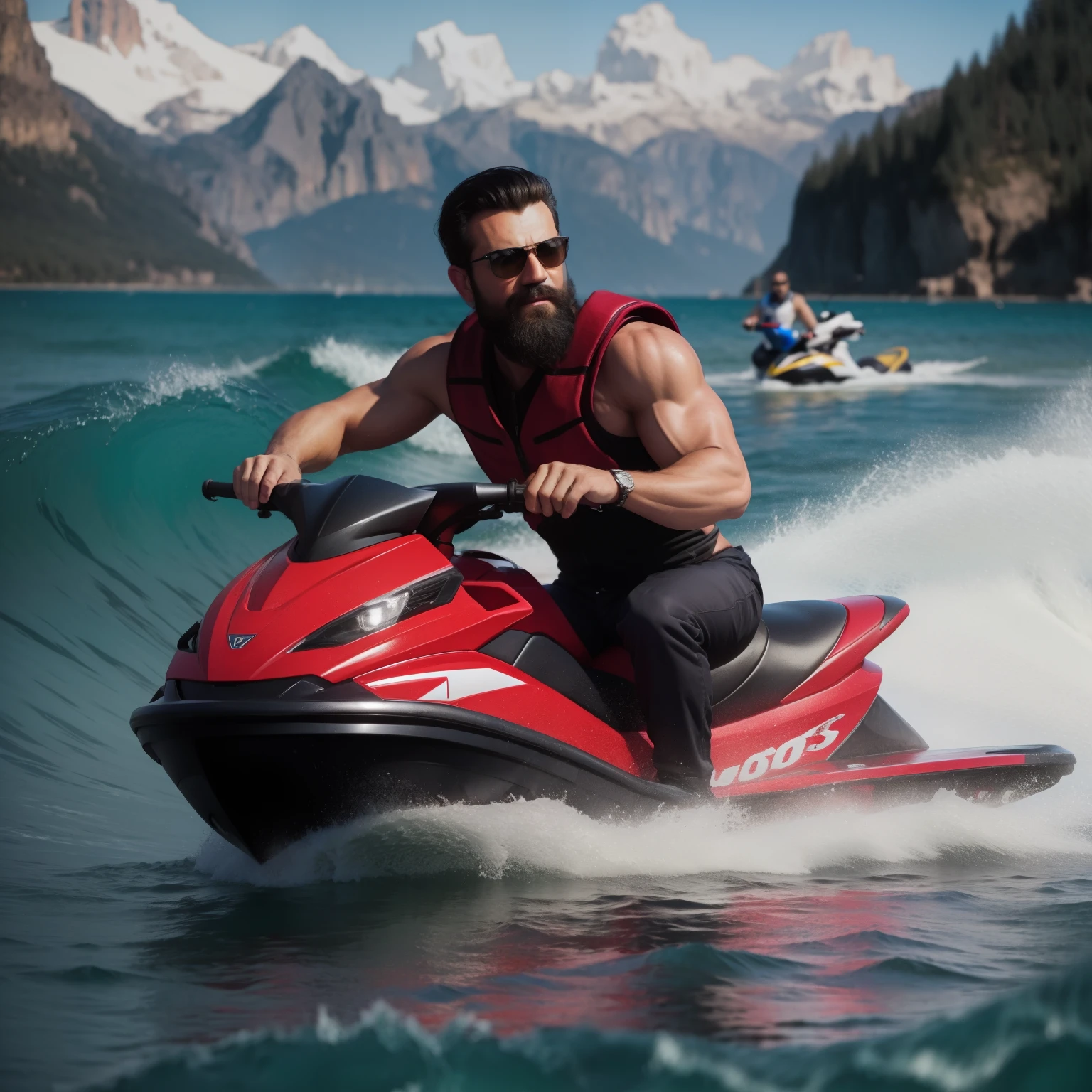 (an attractive man on a jet ski,strong muscular body,beard,detailed and expressive face),(best quality,4k,highres:1.2),ultra-detailed,realistic:1.37,(portrait,action),(bright and vibrant colors),(natural sunlight)