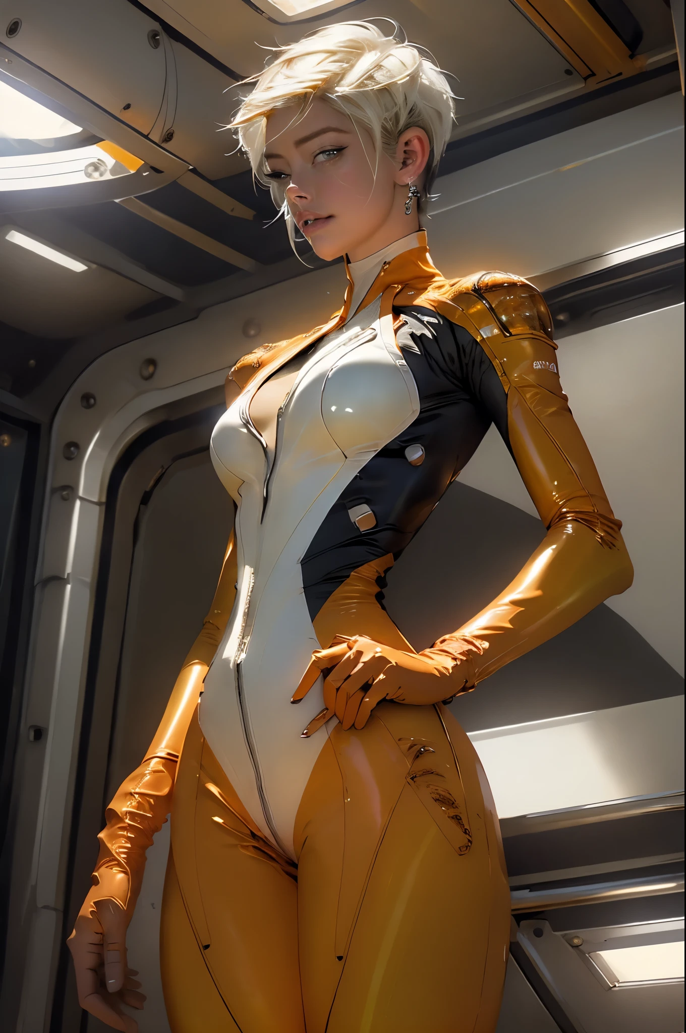 (((pixie cut hairstyle))) elegant (steampunk) slender athletic woman in a (((Spacestation))) , (detailed face), 1girl in shot, wide-angle, high angle, (wearing bright orange ((latex)) (((monokini spacesuit dress))) with white embroidery, white accent lines in the uniform, (Amber Heard: 1.6), blue eyes, (Natural Lighting), (Light ray tracing), (Soft Lighting:1.2), (wide angle), (Highres), (8K), full frame, (((Photo realistic))),  ((detailed background)), (masterpiece, best quality, realistic, detailed:1.1), masterpiece, best quality, extremely detailed CG unity 8k wallpaper, ultra high res, professional photography, sharp focus, HDR, 8K resolution, intricate detail, sophisticated detail, (medium breasts:1.3), (Muscles:1.1), (Cameltoe:1.3), thigh gap