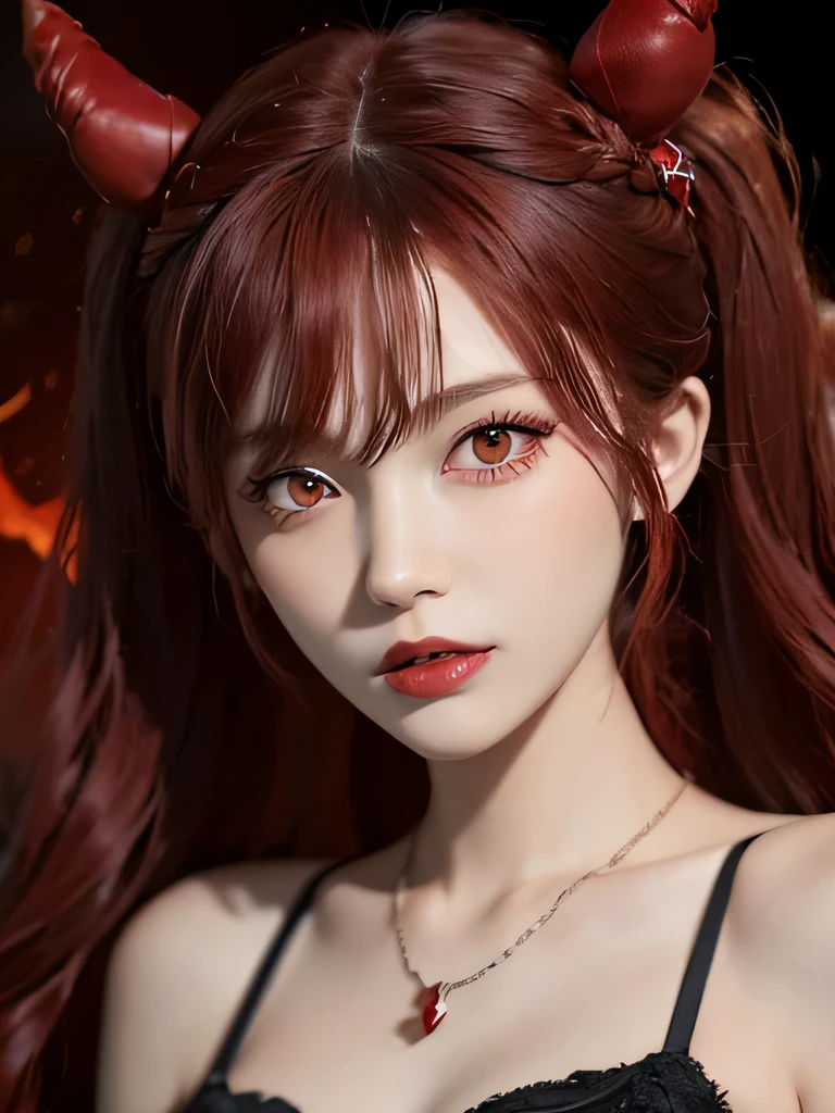(in the dark:1.6), 1 girl, in the dark, deep shadow, secret key,cowboy shot,(formal wear:1.4) ,long wavy hair,redhead,clavicle、flame background、redhead、red background、red spirit clothes、earrings、necklace、red tattoo、red eyes、she is a spirit、close up of face、red eyes、close up of face、red eyes、look up、red fairy costume、red headband、red eyes、Braid、bright red lipstick、Fire Devil、red eyes、redhead、red eyes、赤いflame background、bright red eyes、twin tails、Small fangs、