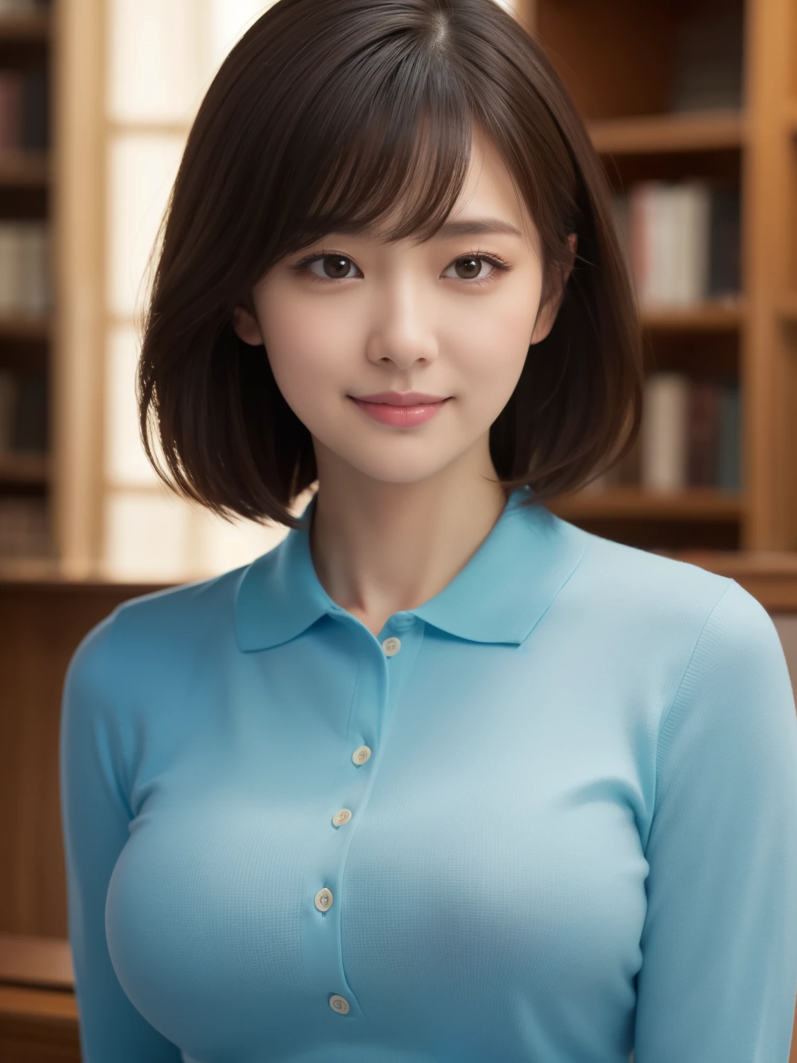 ((masterpiece))、((highest quality))、photograph、reality、High level image quality、Advanced depth of field、get used to it、realistic lighting、secretary、40 years old、delicate features、short hair、Realistic background and accessories、big and full breasts、sexy lips、quiet and dark library、A tight polo shirt that expresses the roundness and softness of your chest..、unbutton、waist shot、troubled face、evening、attractive appearance、light smile、