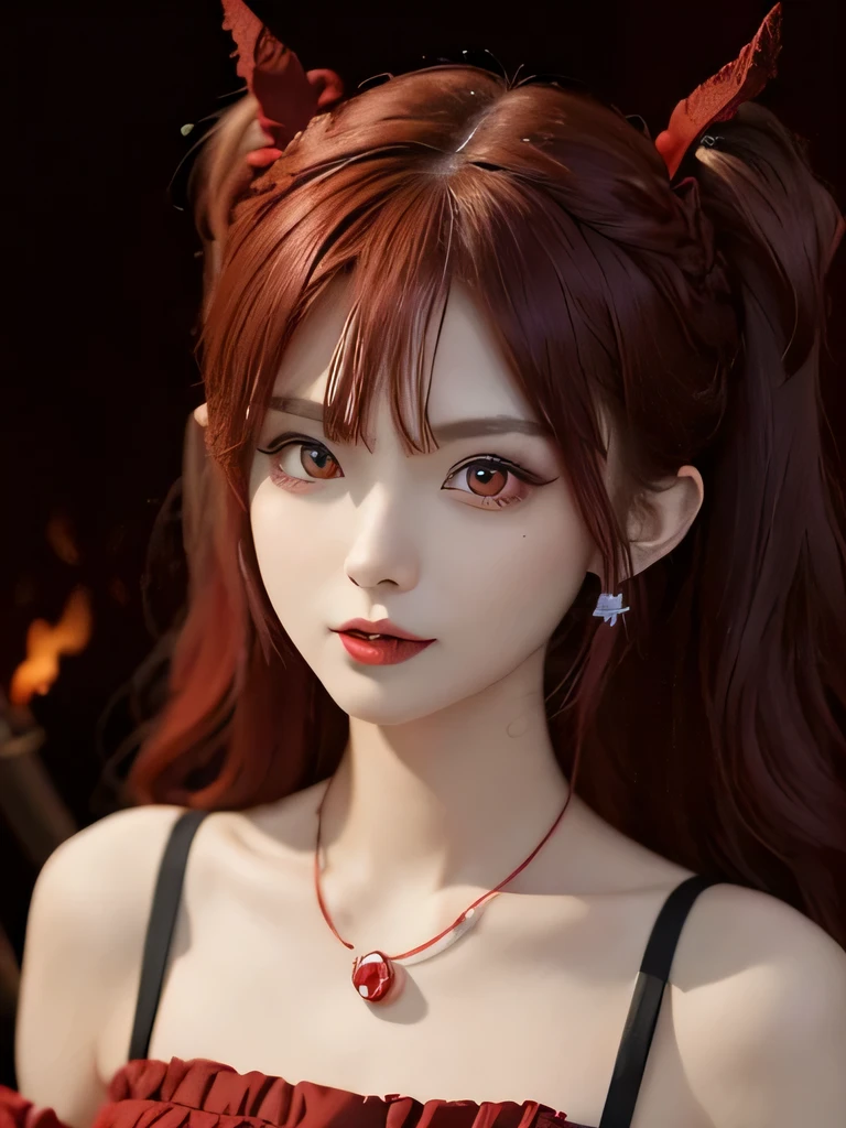(in the dark:1.6), 1 girl, in the dark, deep shadow, secret key,cowboy shot,(formal wear:1.4) ,long wavy hair,redhead,clavicle、flame background、redhead、red background、red spirit clothes、earrings、necklace、red tattoo、red eyes、she is a spirit、close up of face、red eyes、close up of face、red eyes、look up、red fairy costume、red headband、red eyes、Braid、bright red lipstick、Fire Devil、red eyes、redhead、red eyes、赤いflame background、bright red eyes、twin tails、Small fangs、