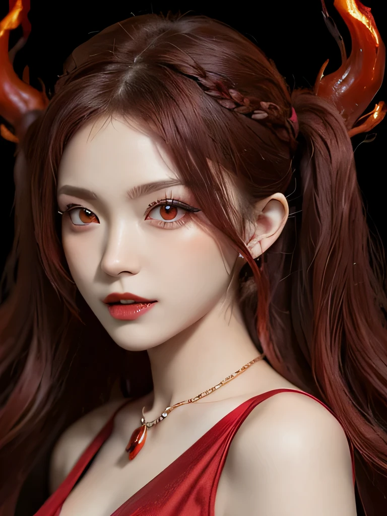 (in the dark:1.6), 1 girl, in the dark, deep shadow, secret key,cowboy shot,(formal wear:1.4) ,long wavy hair,redhead,clavicle、flame background、redhead、red background、red spirit clothes、earrings、necklace、red tattoo、red eyes、she is a spirit、close up of face、red eyes、close up of face、red eyes、look up、red fairy costume、red headband、red eyes、Braid、bright red lipstick、Fire Devil、red eyes、redhead、red eyes、赤いflame background、bright red eyes、twin tails、Small fangs、