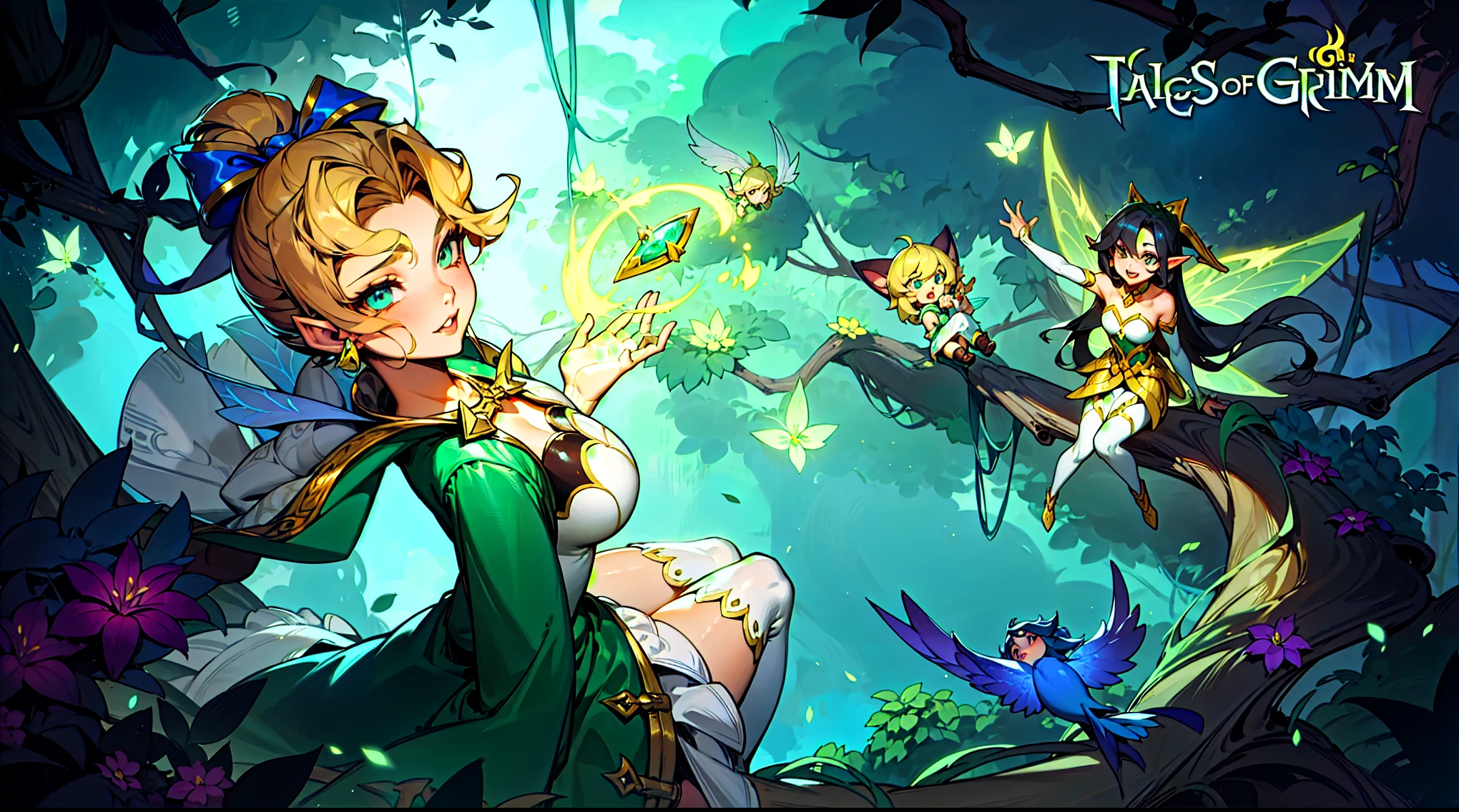 Cartoon picture of a woman and two children in the forest, tan skin, League of Legends art style, Official splash art, From League of Legends, League of Legends style art, Elf, Elfs, Style ivan talavera and artgerm, guys, fairies, fantasy art style, zanlatalia, tan skin, character splash art