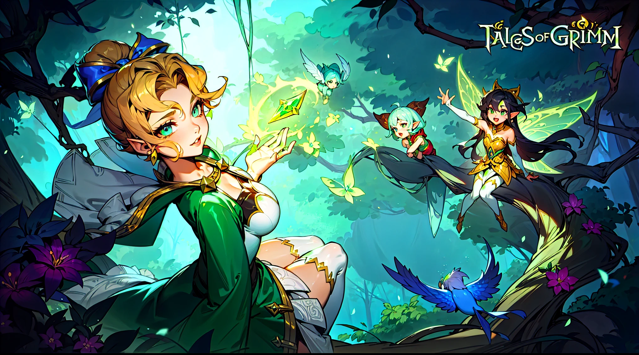 Cartoon picture of a woman and two  in the forest, tan skin, League of Legends art style, Official splash art, From League of Legends, League of Legends style art, Elf, Elfs, Style ivan talavera and artgerm, guys, fairies, fantasy art style, zanlatalia, tan skin, character splash art