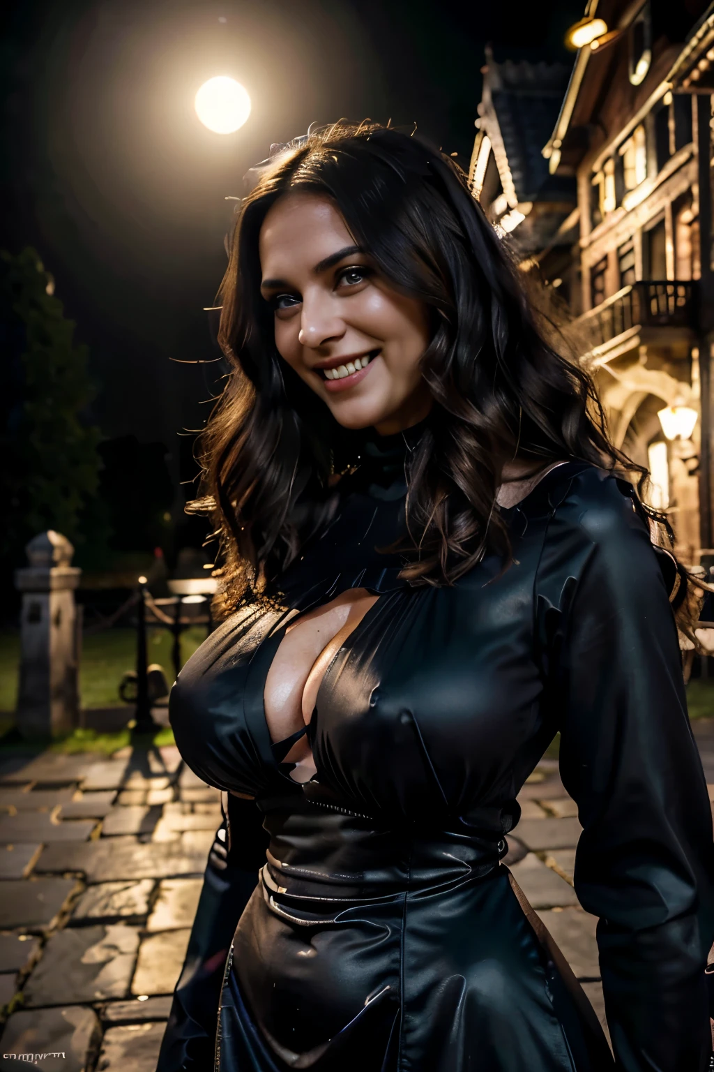 8K hyper-realistic picture, (full body view) of a mature mid-aged brunette woman, cleavage huge breasts, fleshy and glistening breasts, (naturally sagging), long messy black wavy hair, wearing tight black Victorian long dress, (extremely detailed dress), with open arms, outside of full moon night, background with shallow depth of field old creepy castle, devilish standing posing, dark atmosphere, dramatic natural lighting, detailed evil face expression (evil face), laugh expression, detailed facial expression (detailed laughing face), (intricate facial details), Realistic scene, perfect skin, ultra realistic, High definition, HD 
