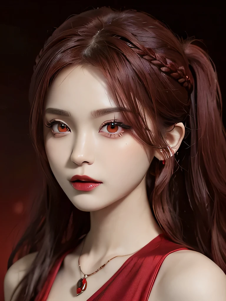 (in the dark:1.6), 1 girl, in the dark, deep shadow, secret key,cowboy shot,(formal wear:1.4) ,long wavy hair,redhead,clavicle、flame background、redhead、red background、red spirit clothes、earrings、necklace、red tattoo、red eyes、she is a spirit、close up of face、red eyes、close up of face、red eyes、look up、red fairy costume、red headband、red eyes、Braid、bright red lipstick、Fire Devil、red eyes、redhead、red eyes、赤いflame background、bright red eyes、twin tails、Small fangs、