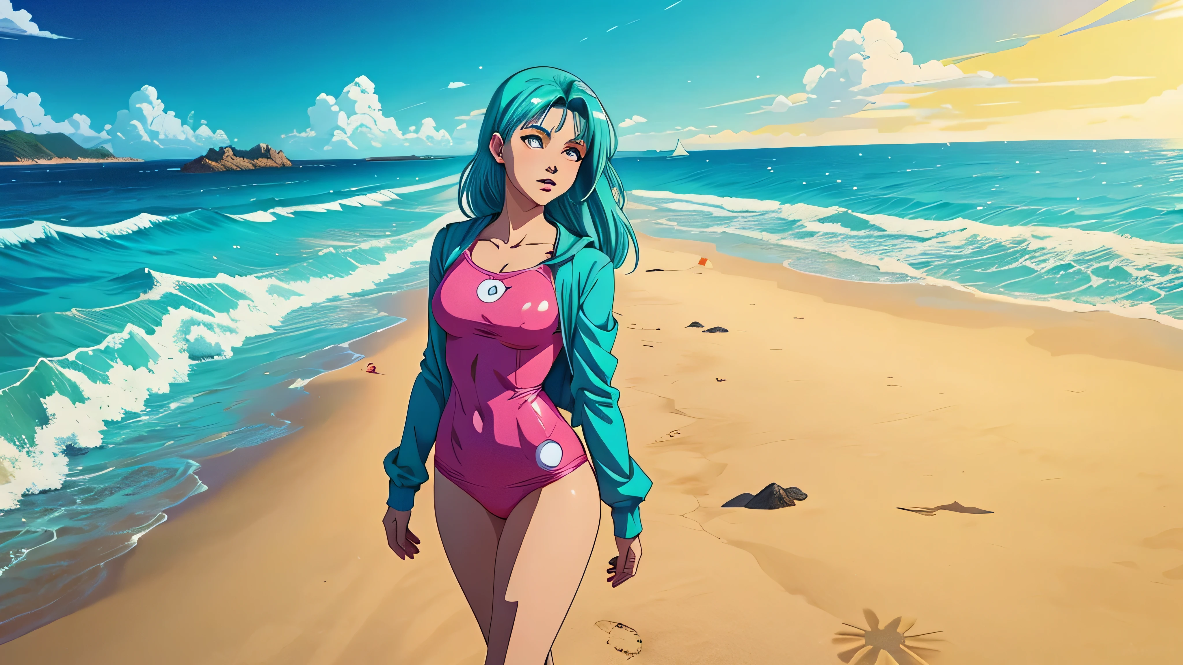 Beautiful face, blue eyes, shorts blue hair, very big tits, hard nipples , wearing tight látex   pink swimsuit, sunglasses, swimming inside  the ocean