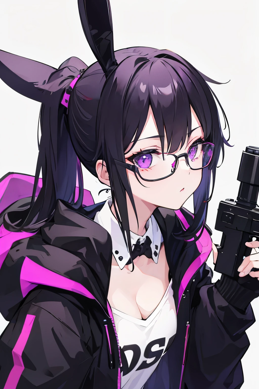 1girl, black bunny ears, black long ponytail, bright purple eyes, glasses, big , holding sniper, aiming sniper