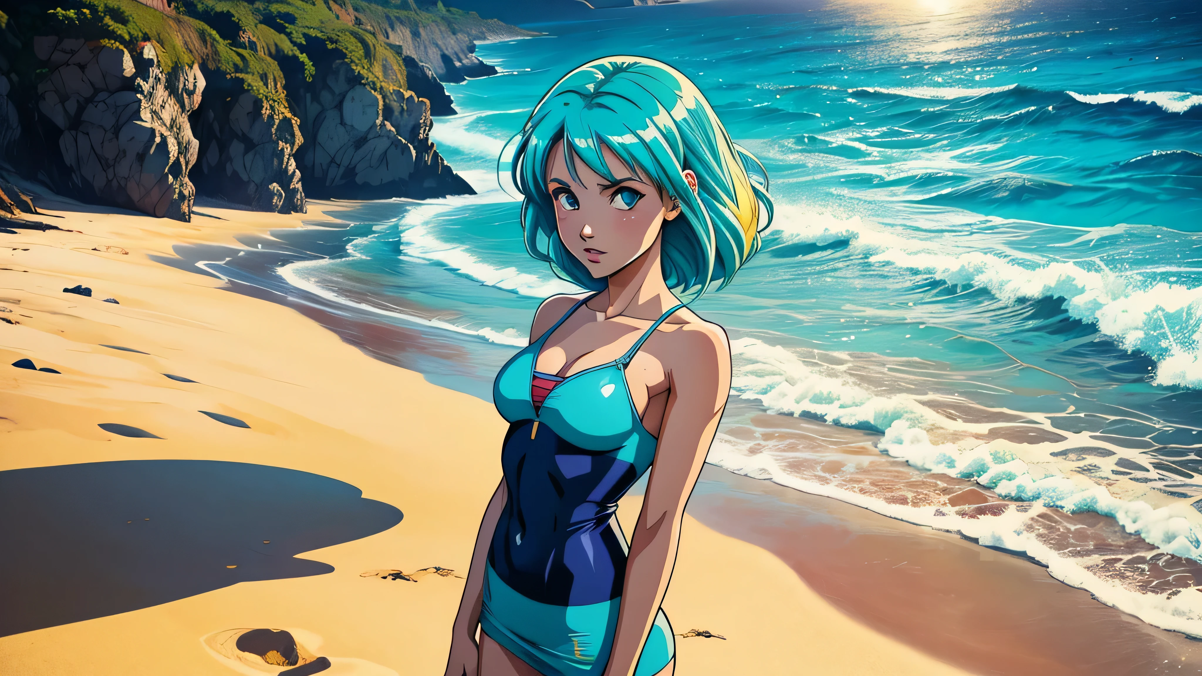 garota de anime, corpo inteiro, bulma, roupas de praia, sol, mar, Capa do álbum Anime Phonk Brain Sick, musica, ondas sonoras, com cores amarelo e azul neon
