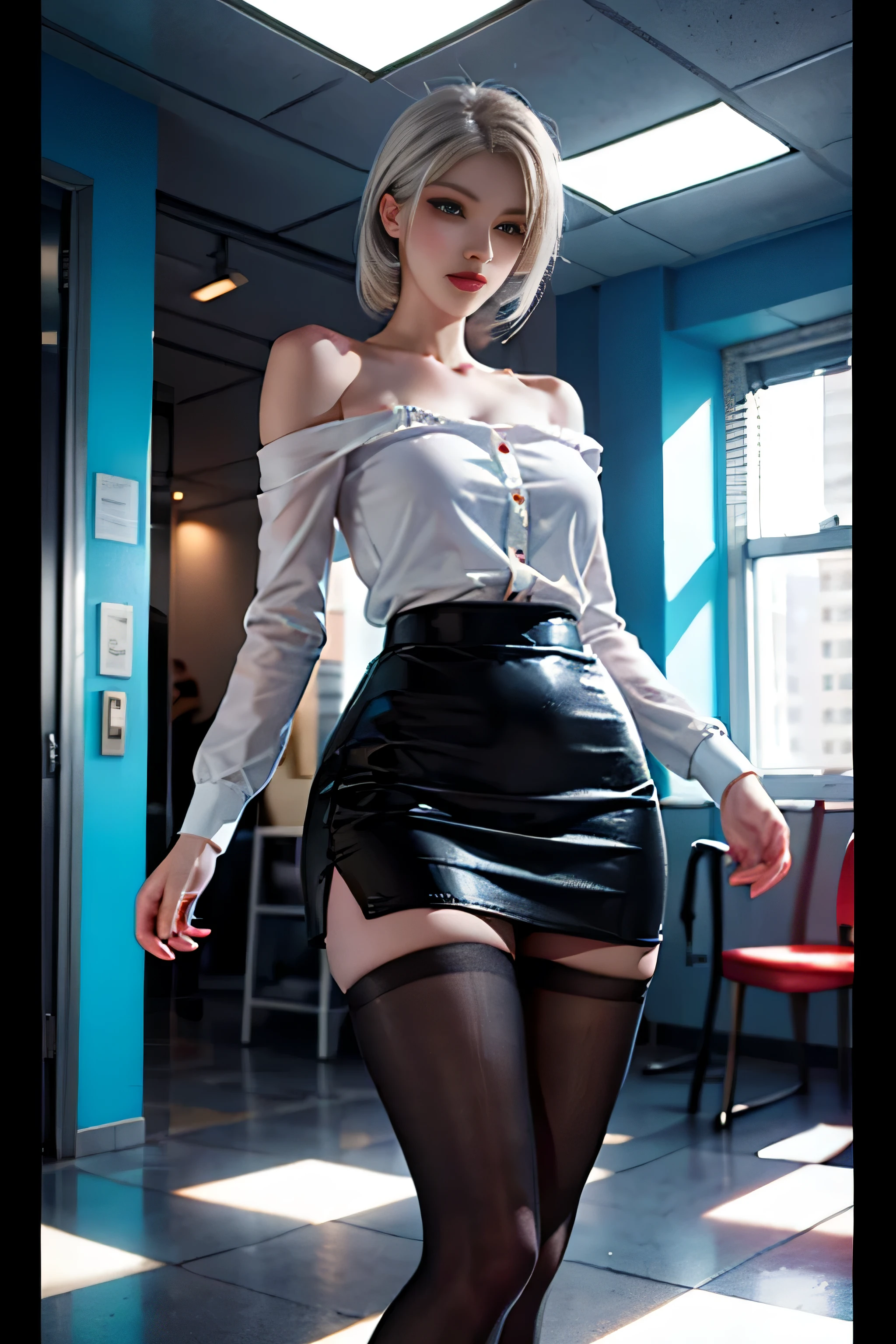 (Girl Standing In Office Changing Room), silver hair, bangs, 鈍いbangs, long straight hair, (side ponytail)aqua eye, long eyelashes, Solid Circle Eye, compensate, open your mouth, blush, parted lips, bright pupils, smiley, enchanting smile, shine, surrealism, modern,career woman、)Roux(white shirt、off shoulder)、black tight skirt、black pantyhose、high heels、(ホワイトのRouxズクロップトップ, black tight skirt: 1.6)