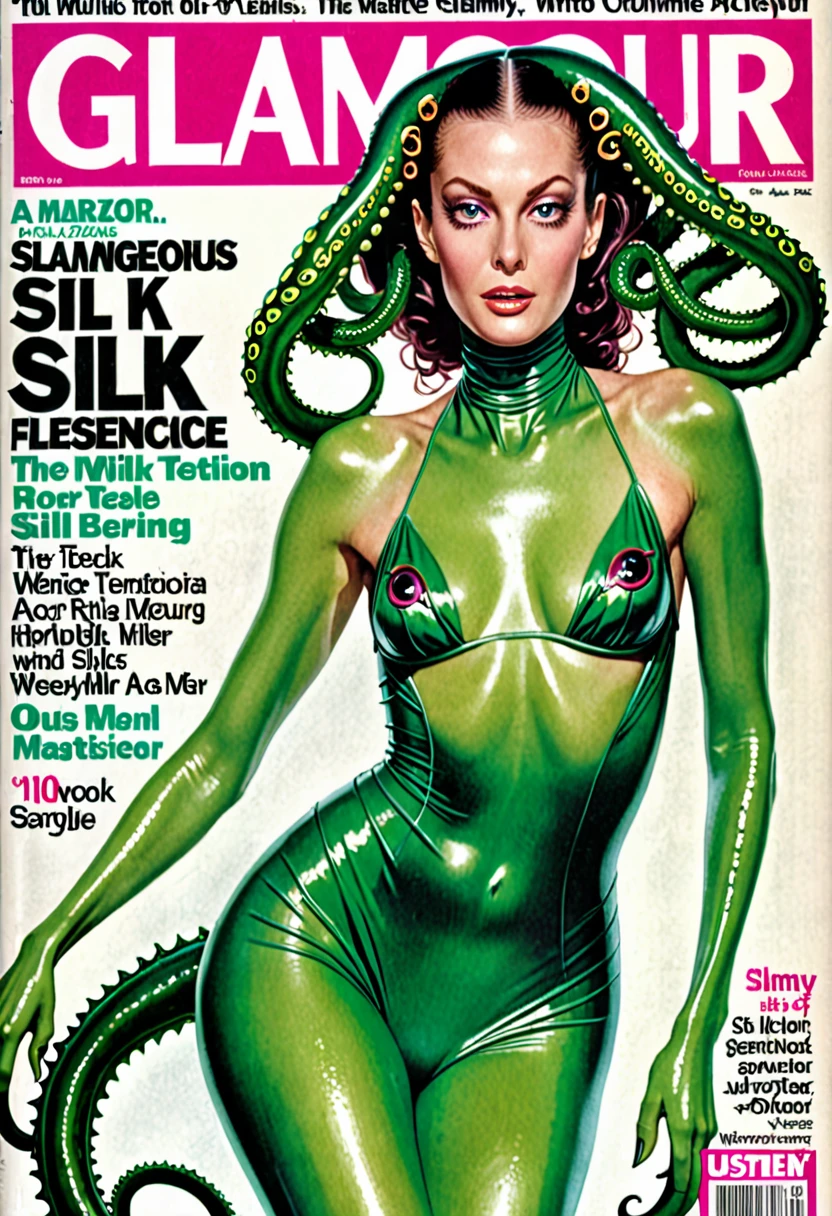 A glamour magazine cover, featured on the cover is a slimy dangerous tentacle alien (wearing a silk slip)