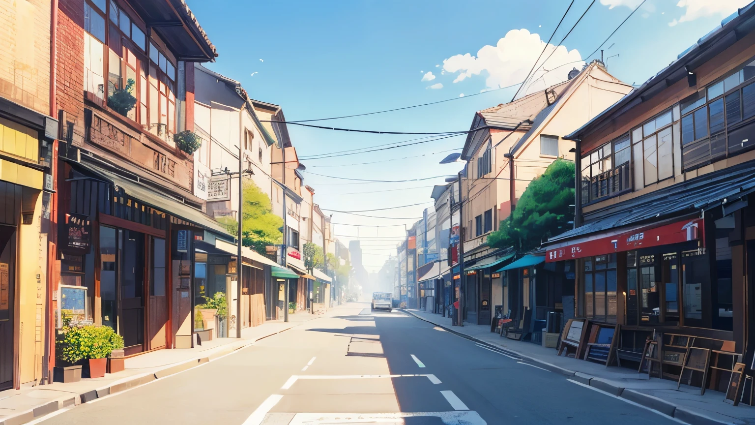 A street lined with stylish cafes、noon、sunlight