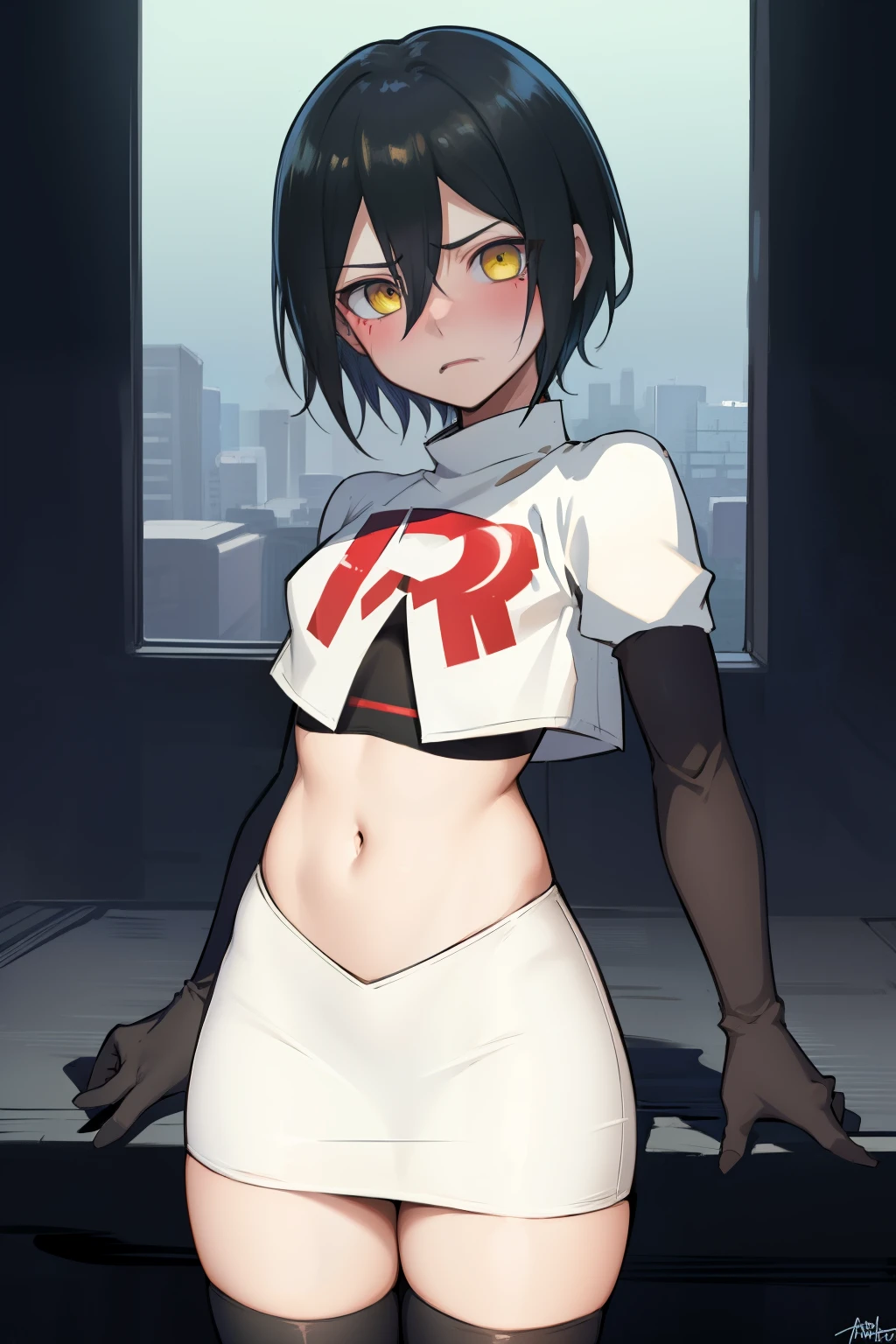 absurdres, cowboy shot, solo, male focus, trap, 1boy, crossdressing,1boy, saihara shuichi, yellow eyes,looking at viewer, team rocket,team rocket uniform,white skirt,red letter R,crop top,black thigh-highs,black elbow gloves, embarrassed, blush