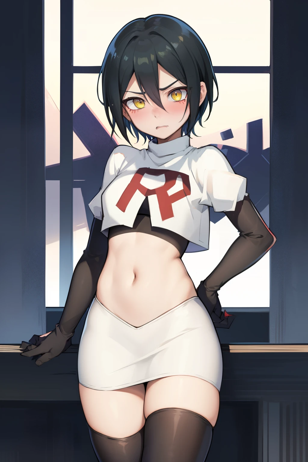 absurdres, cowboy shot, solo, male focus, trap, 1boy, crossdressing,1boy, saihara shuichi, yellow eyes,looking at viewer, team rocket,team rocket uniform,white skirt,red letter R,crop top,black thigh-highs,black elbow gloves, embarrassed, blush