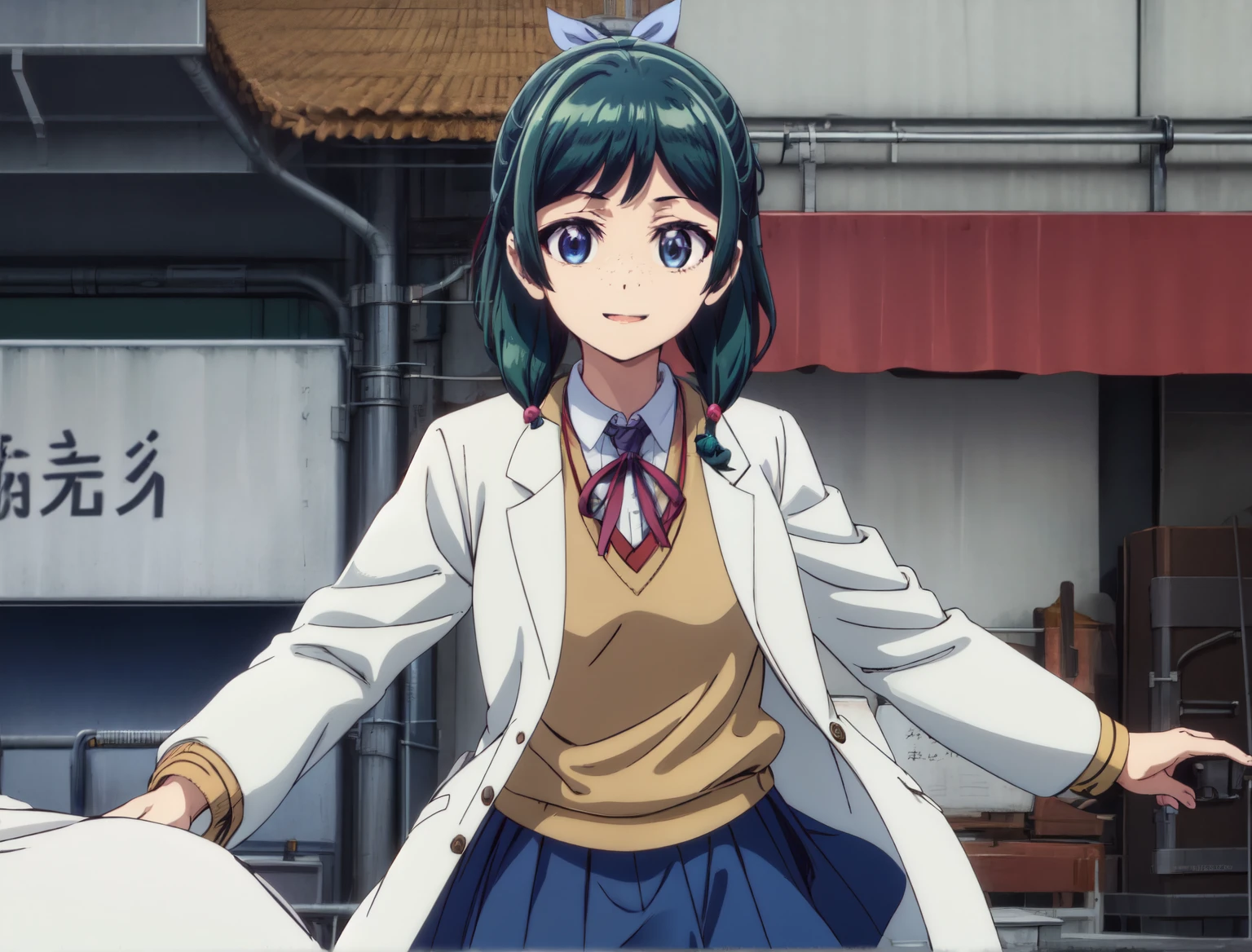 Are thin、green hairstyle,、Only one girl is in the picture、smile、solo shot、wearing a white coat、wearing a high school uniform（white shirt、red ribbon、black sweater vest、skirt）