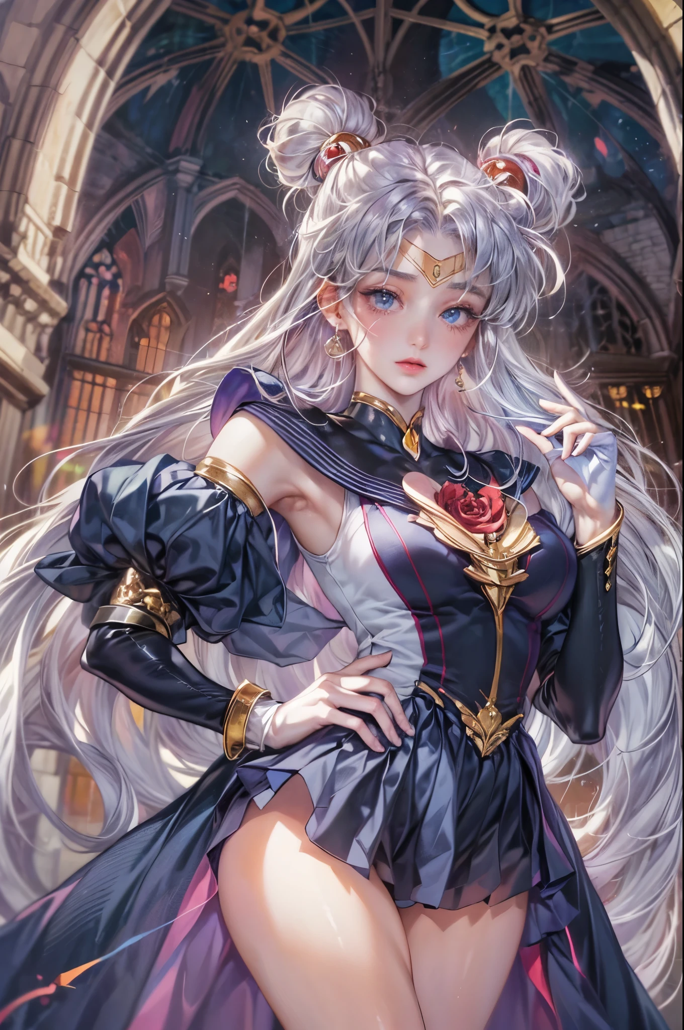 ((Best quality)), ((masterpiece)), (detailed), ((perfect face)), ((halfbody)) ((Sailor Moon Villain: The Witches 5)) solo picture close-up , cathedral background with a big stained glass window , breaking glass, holding a black rose