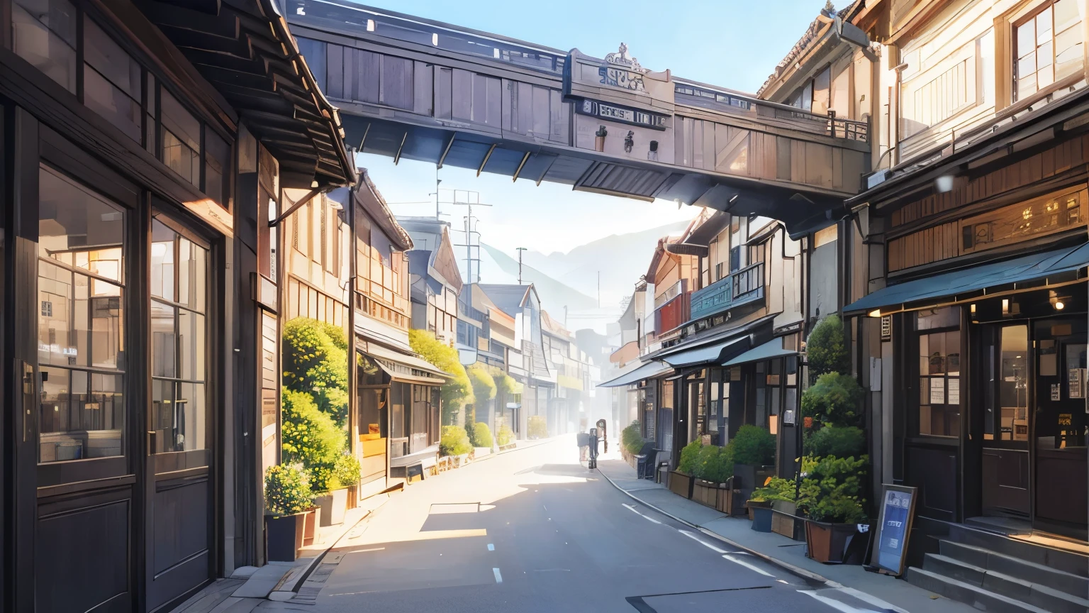 A street lined with stylish cafes、noon、sunlight