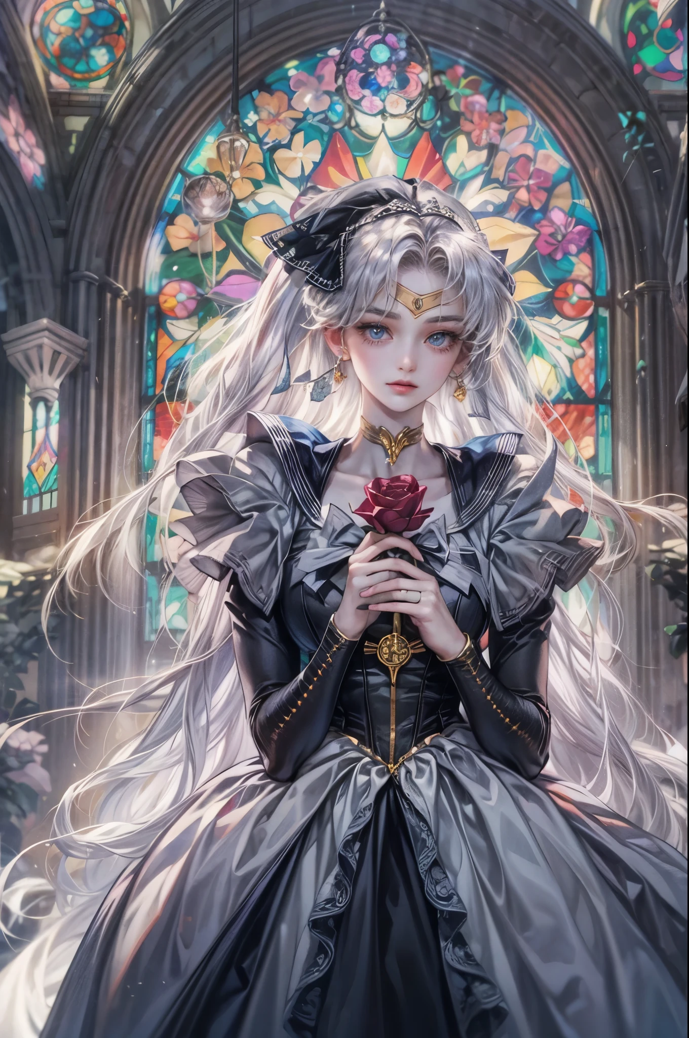 ((Best quality)), ((masterpiece)), (detailed), ((perfect face)), ((halfbody)) ((Sailor Moon Villain: The Witches 5)) solo picture close-up , cathedral background with a big stained glass window , breaking glass, holding a black rose