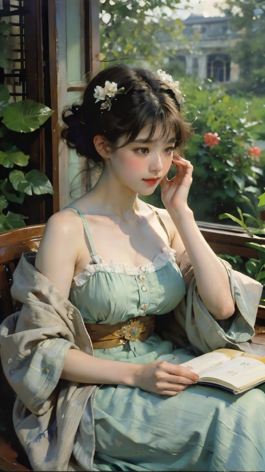 (highest quality、High resolution、masterpiece)、(Sargent style watercolor)、 (Alphonse Mucha)、(Ukiyo-e)、painterly、(vintage, classic)、
bare shoulders, white skin, double eyelid, A woman sitting half-length with flowers in her hair,alone, bangs, pay attention to your audience,