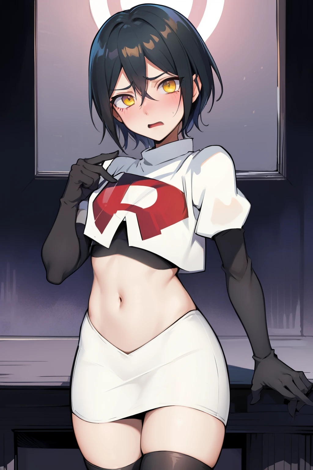 absurdres, cowboy shot, solo, male focus, trap, 1boy, crossdressing,1boy, saihara shuichi, yellow eyes,looking at viewer, team rocket,team rocket uniform,white skirt,red letter R,crop top,black thigh-highs,black elbow gloves, embarrassed, blush