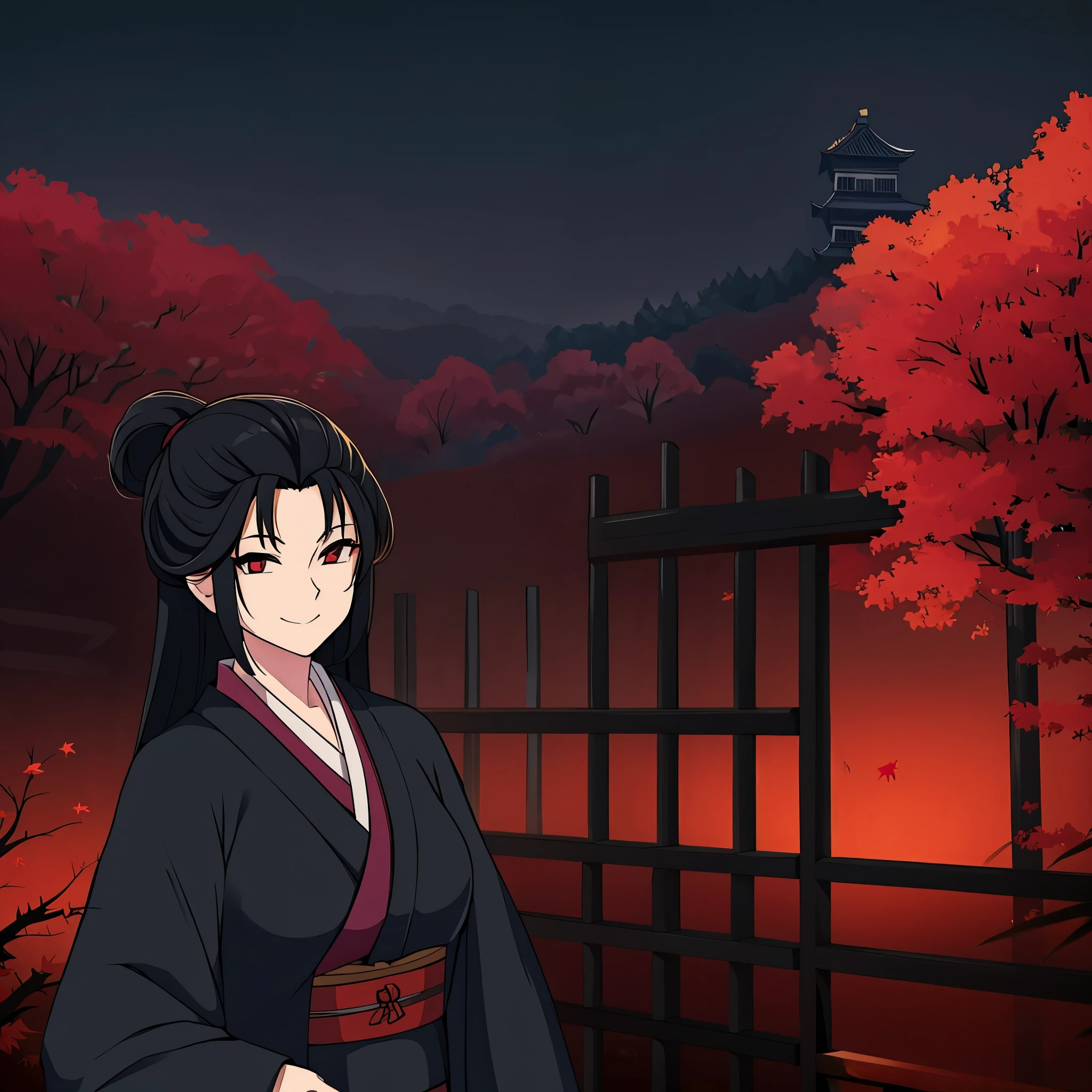 A woman with long black hair, red eyes, cute face, wearing a black kimono with red details, in a Japanese garden with autumn weather, Japanese castle behind, smiling.