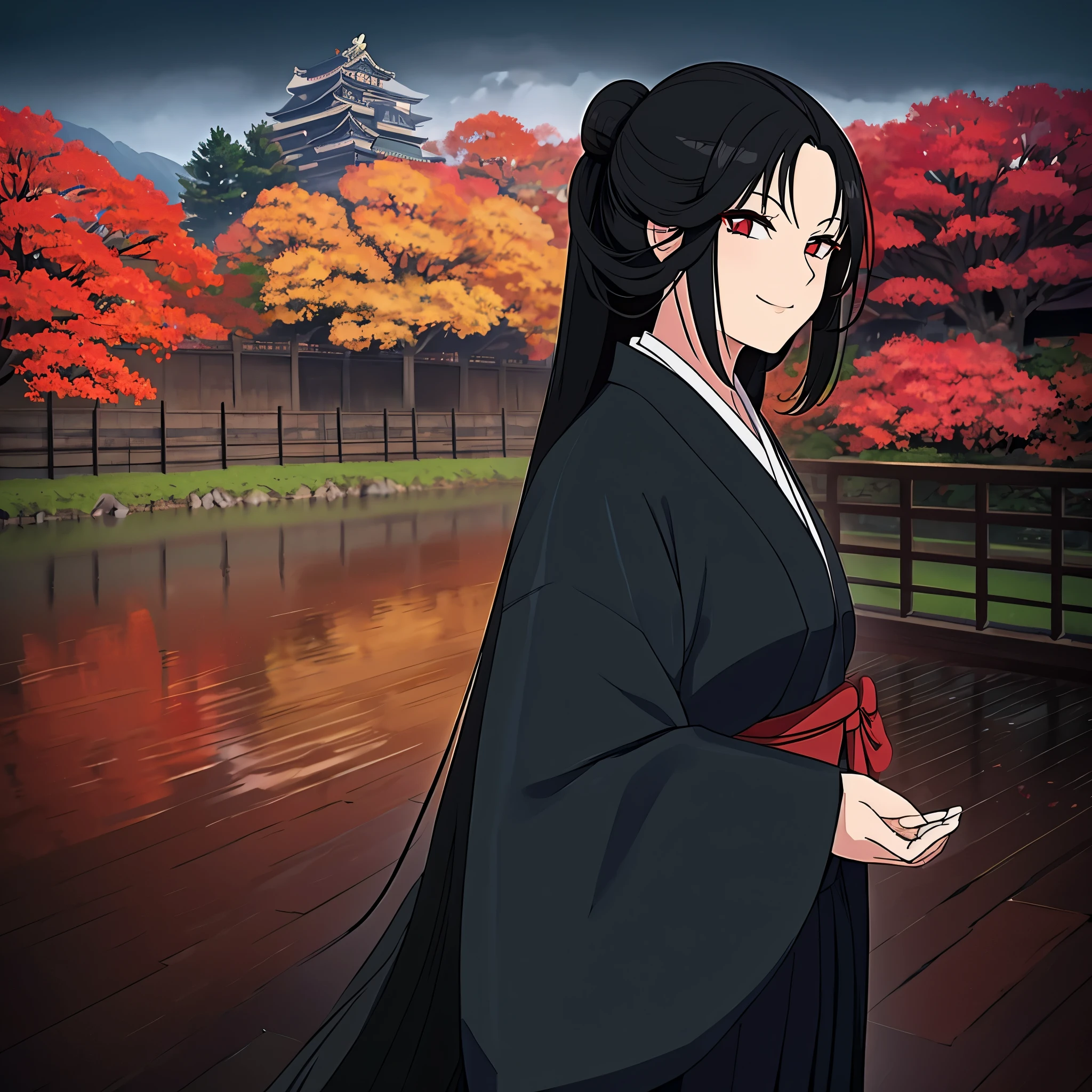 A woman with long black hair, red eyes, cute face, wearing a black kimono with red details, in a Japanese garden with autumn weather, Japanese castle behind, smiling.