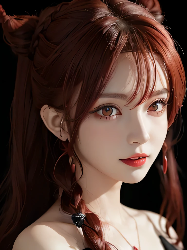 (in the dark:1.6), 1 girl, in the dark, deep shadow, secret key,cowboy shot,(formal wear:1.4) ,long wavy hair,redhead,clavicle、flame background、redhead、red background、red spirit clothes、earrings、necklace、red tattoo、red eyes、she is a spirit、close up of face、red eyes、close up of face、red eyes、look up、red fairy costume、red headband、red eyes、Braid、bright red lipstick、Fire Devil、red eyes、redhead、red eyes、赤いflame background、bright red eyes、twin tails、smile、I can see small fangs、