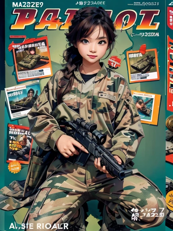 Magazine Cover, A girl wearing camouflage clothes and holding a rifle, cute pose