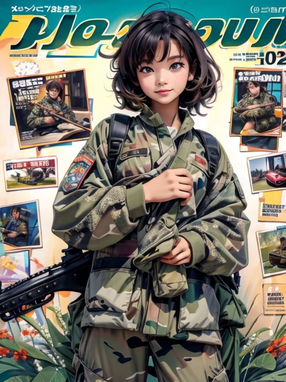 Magazine Cover, A girl wearing camouflage clothes and holding a rifle, cute pose