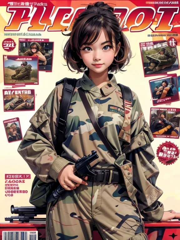 Magazine Cover, A girl wearing camouflage clothes and holding a rifle, cute pose