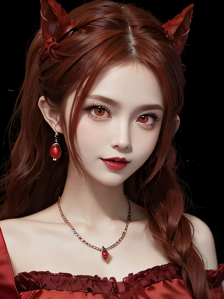 (in the dark:1.6), 1 girl, in the dark, deep shadow, secret key,cowboy shot,(formal wear:1.4) ,long wavy hair,redhead,clavicle、flame background、redhead、red background、red spirit clothes、earrings、necklace、red tattoo、red eyes、she is a spirit、close up of face、red eyes、close up of face、red eyes、look up、red fairy costume、red headband、red eyes、Braid、bright red lipstick、Fire Devil、red eyes、redhead、red eyes、赤いflame background、bright red eyes、twin tails、smile、I can see small fangs、